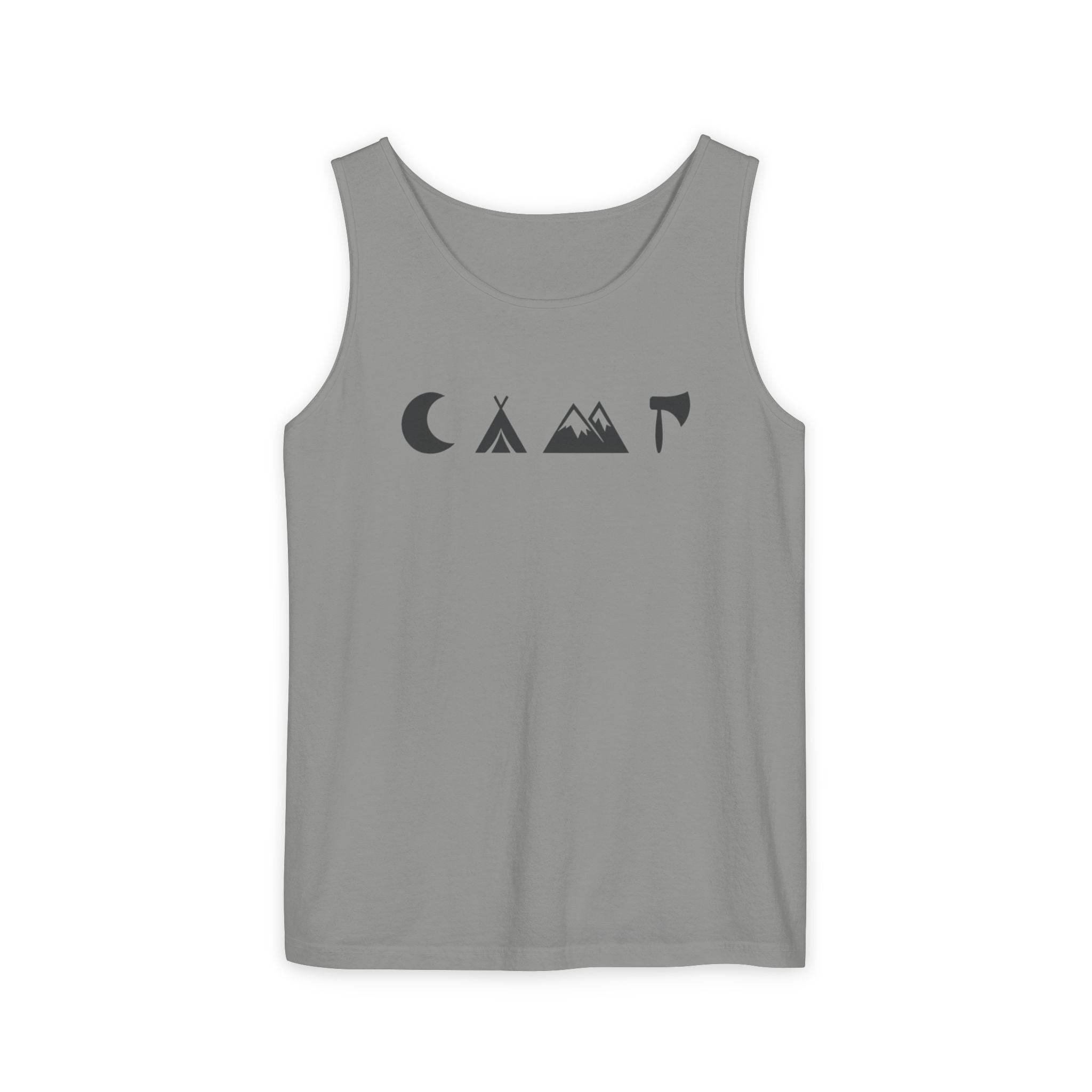 Gray tank top with black camping icons crescent moon tent mountains axe eco-friendly unisex tank top