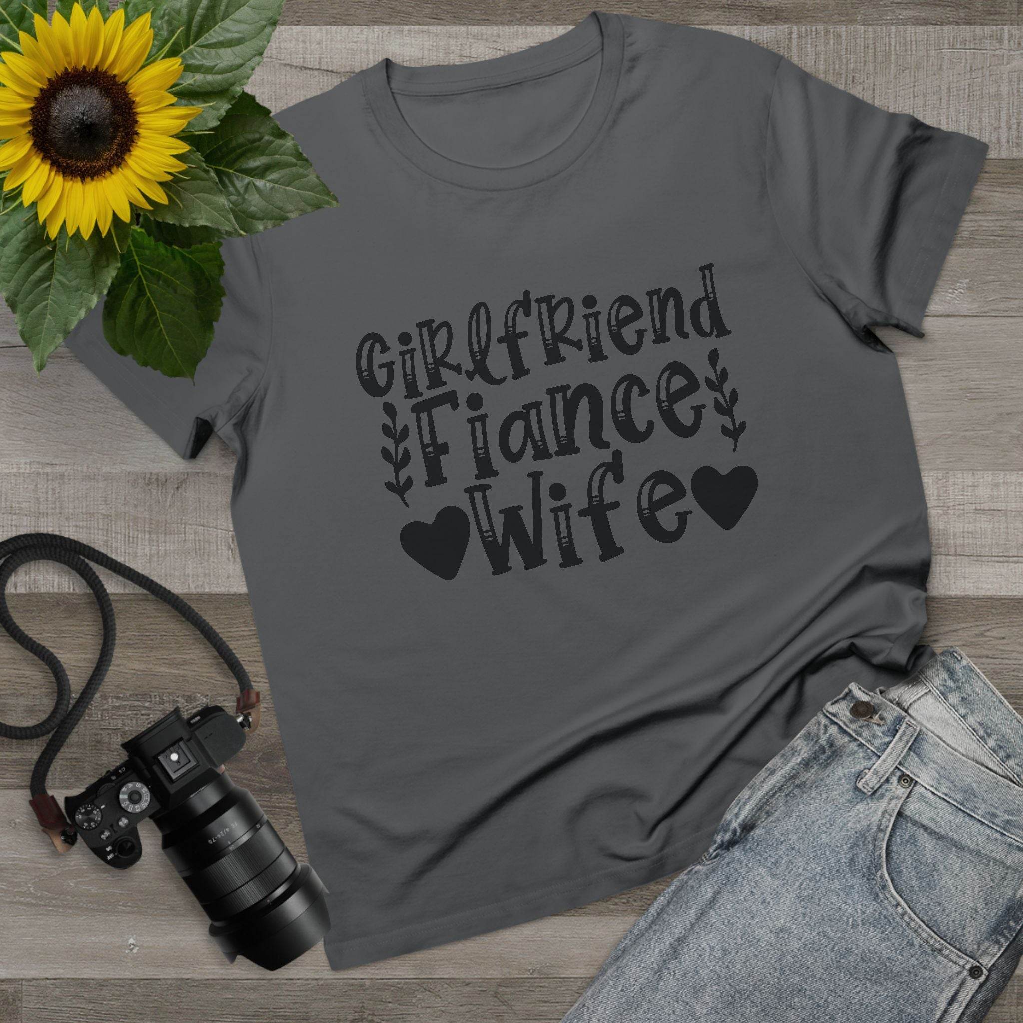 Printify gray t shirt with Girlfriend Fiance Wife script and hearts design eco-friendly women's relationship tee