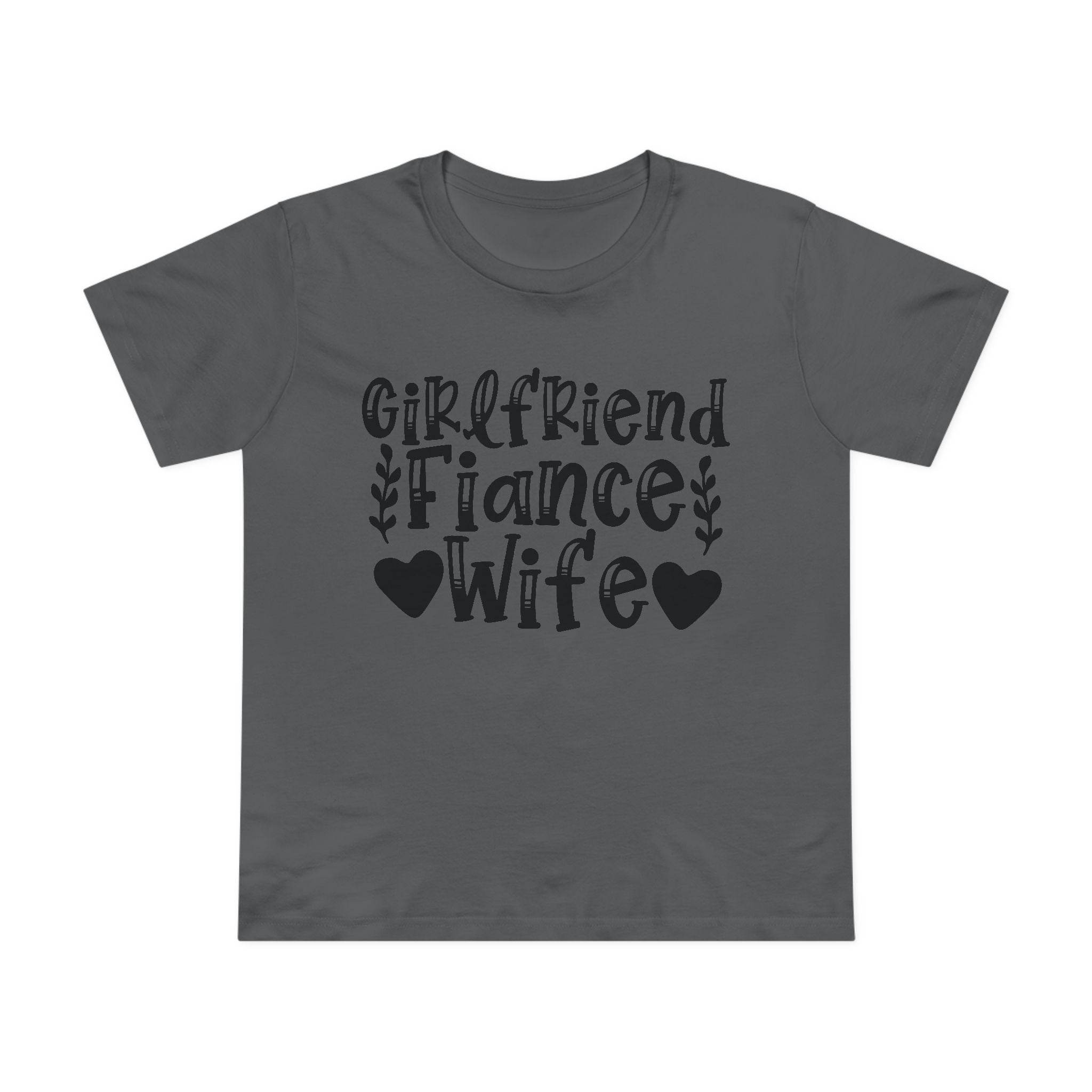 Printify eco-friendly women's relationship tee dark gray with Girlfriend Fiance Wife text and heart graphics
