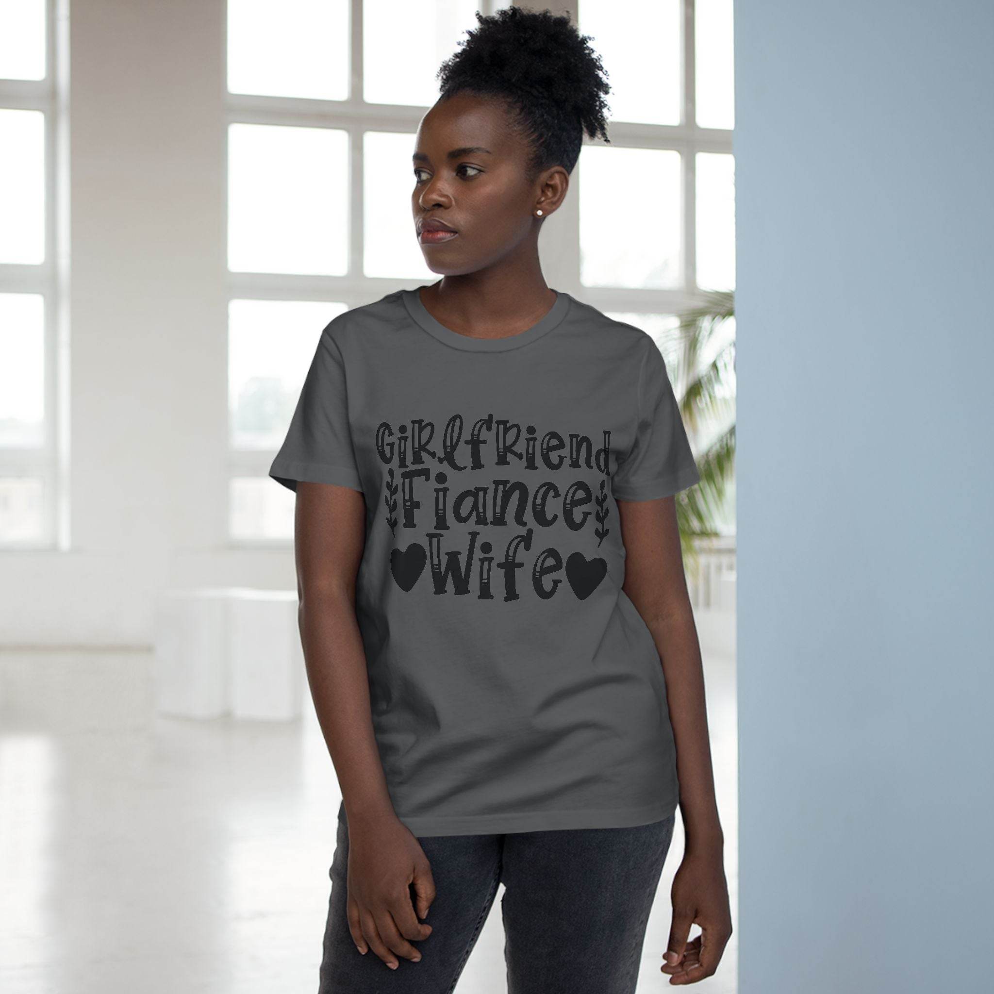 Printify model wearing charcoal crewneck printed with girlfriend fiance wife text design eco-friendly women's relationship tee