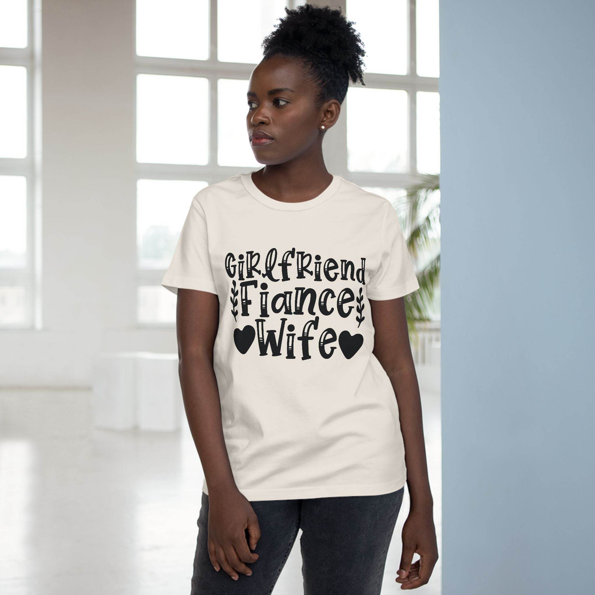 Printify eco-friendly women's relationship tee white crewneck with Girlfriend Fiance Wife black design on model