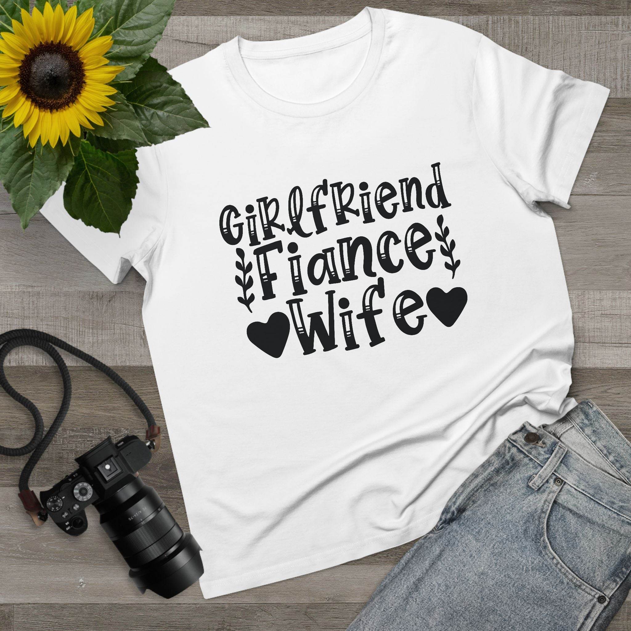 Printify eco-friendly women's relationship tee white shirt Girlfriend Fiance Wife black graphic hearts floral accents