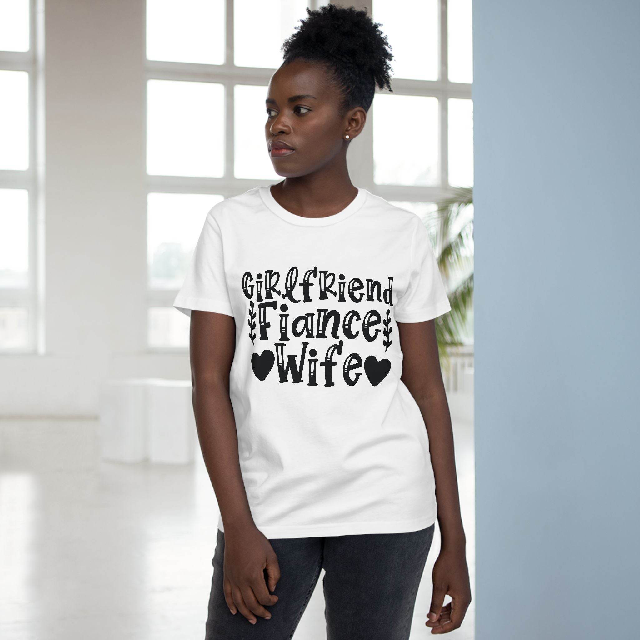 Model wearing Printify eco-friendly women's relationship tee white crewneck with black Girlfriend Fiance Wife design