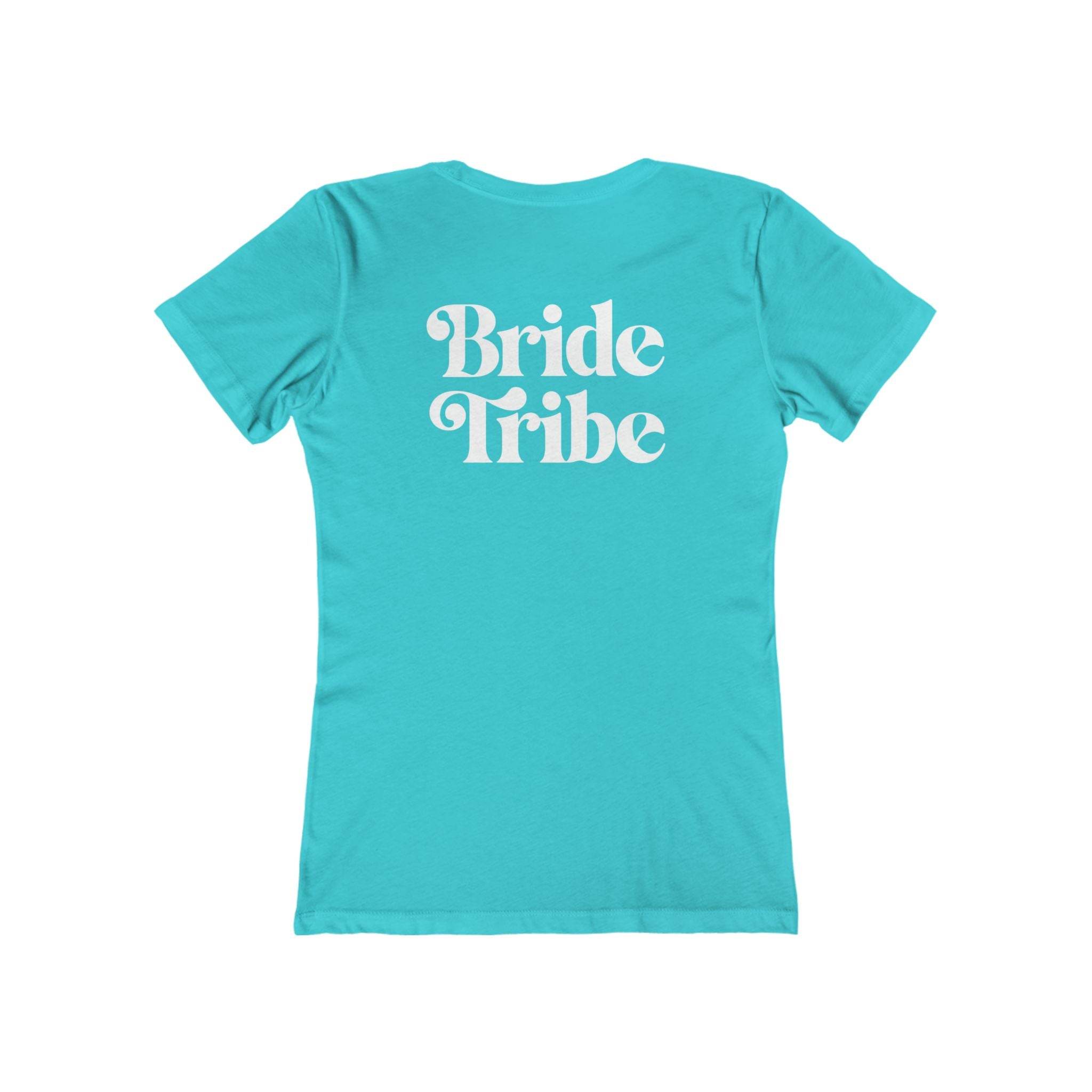 Printify turquoise fitted t shirt with white Bride Tribe back print eco-friendly bride tribe shirt for bachelorette