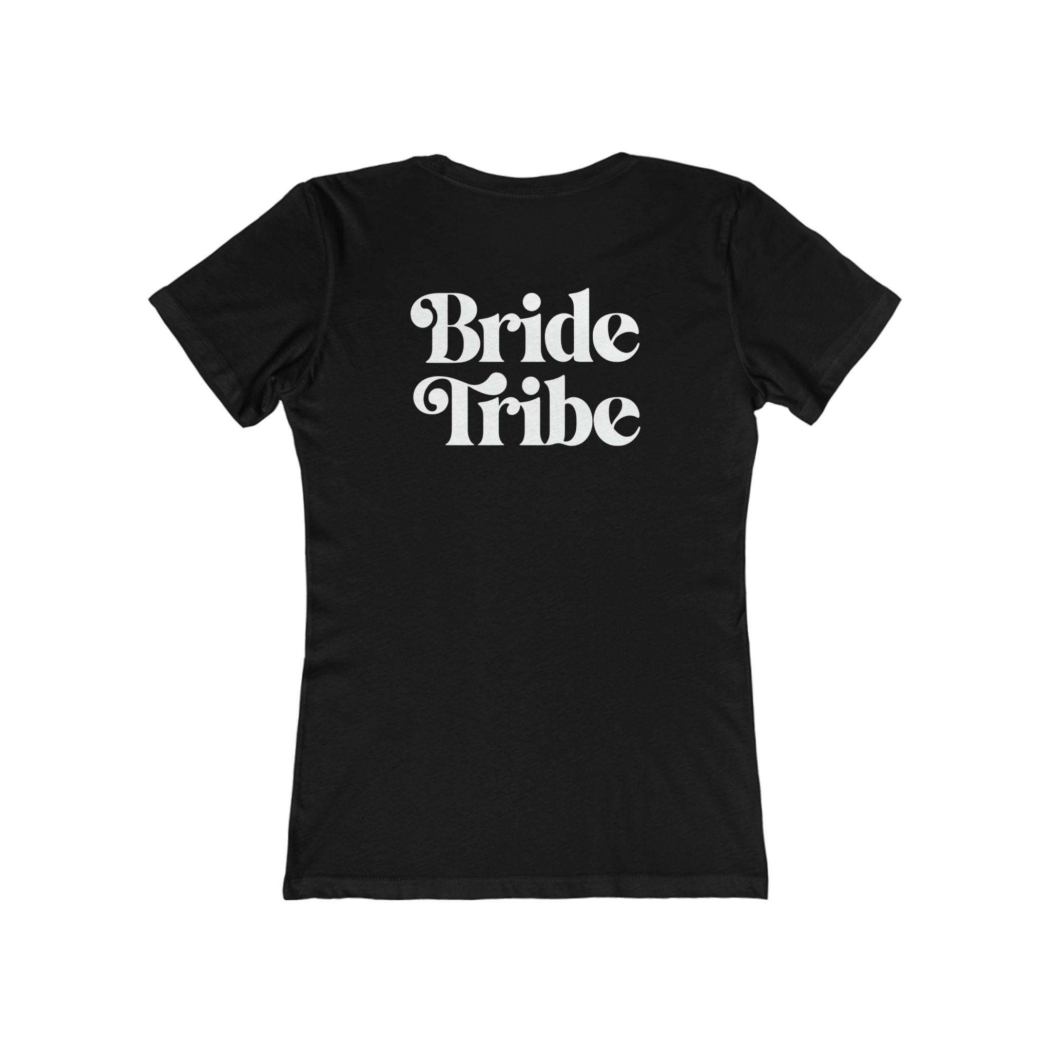 Printify black fitted ladies T shirt with white retro Bride Tribe text on back eco-friendly bride tribe shirt