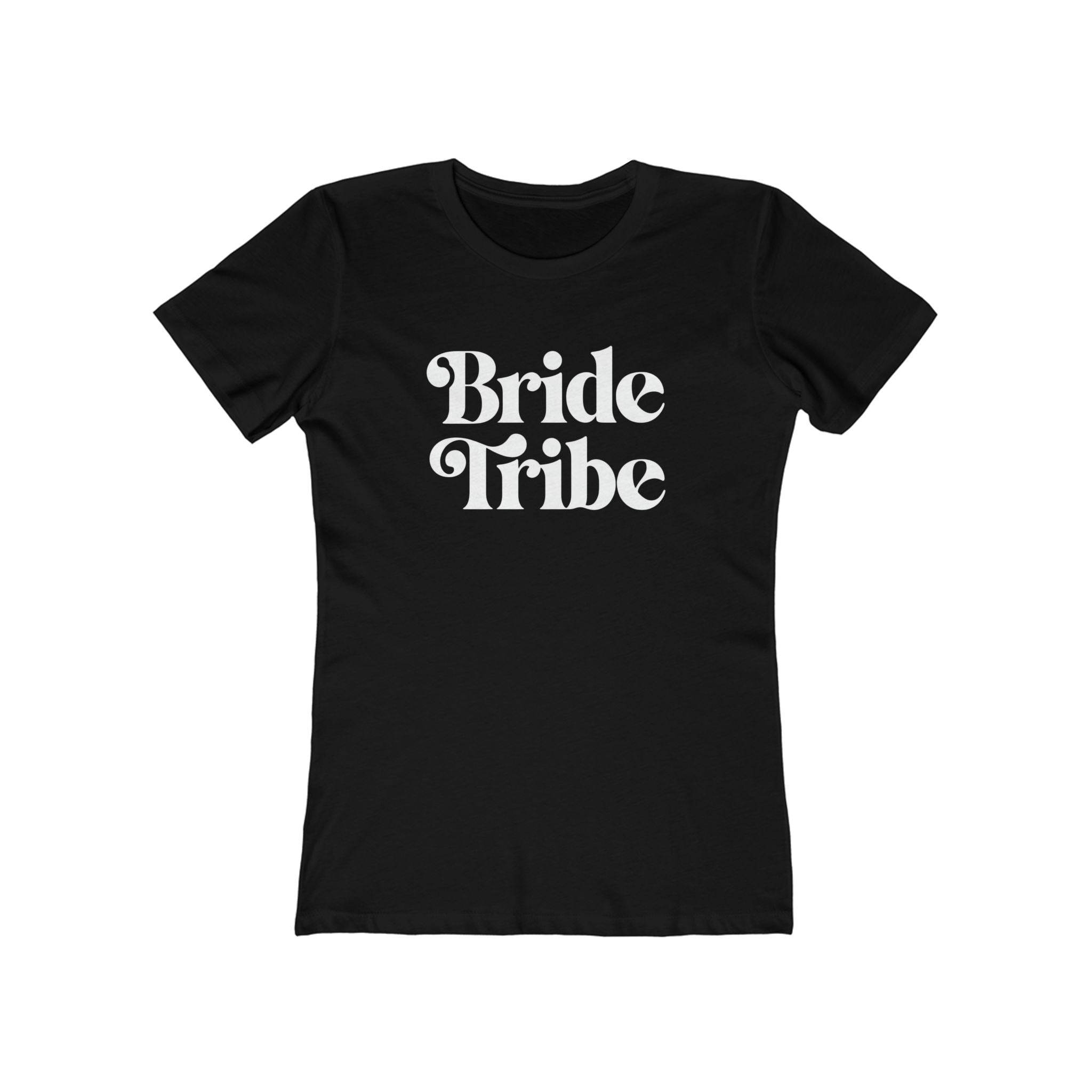 Printify black womens eco-friendly bride tribe shirt with white retro Bride Tribe print for bachelorette parties
