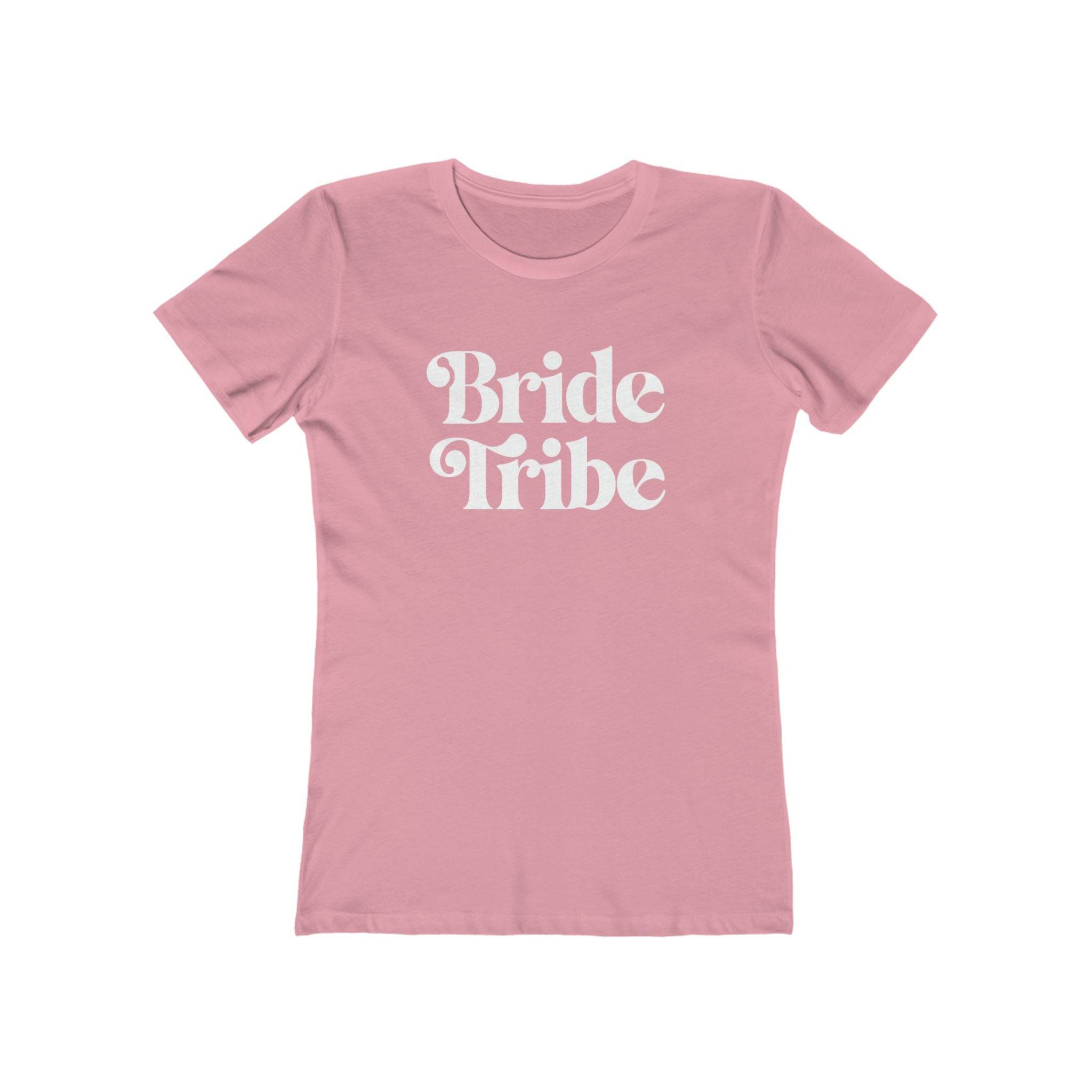 Printify pink fitted t shirt with white Bride Tribe script for bachelorette eco-friendly bride tribe shirt