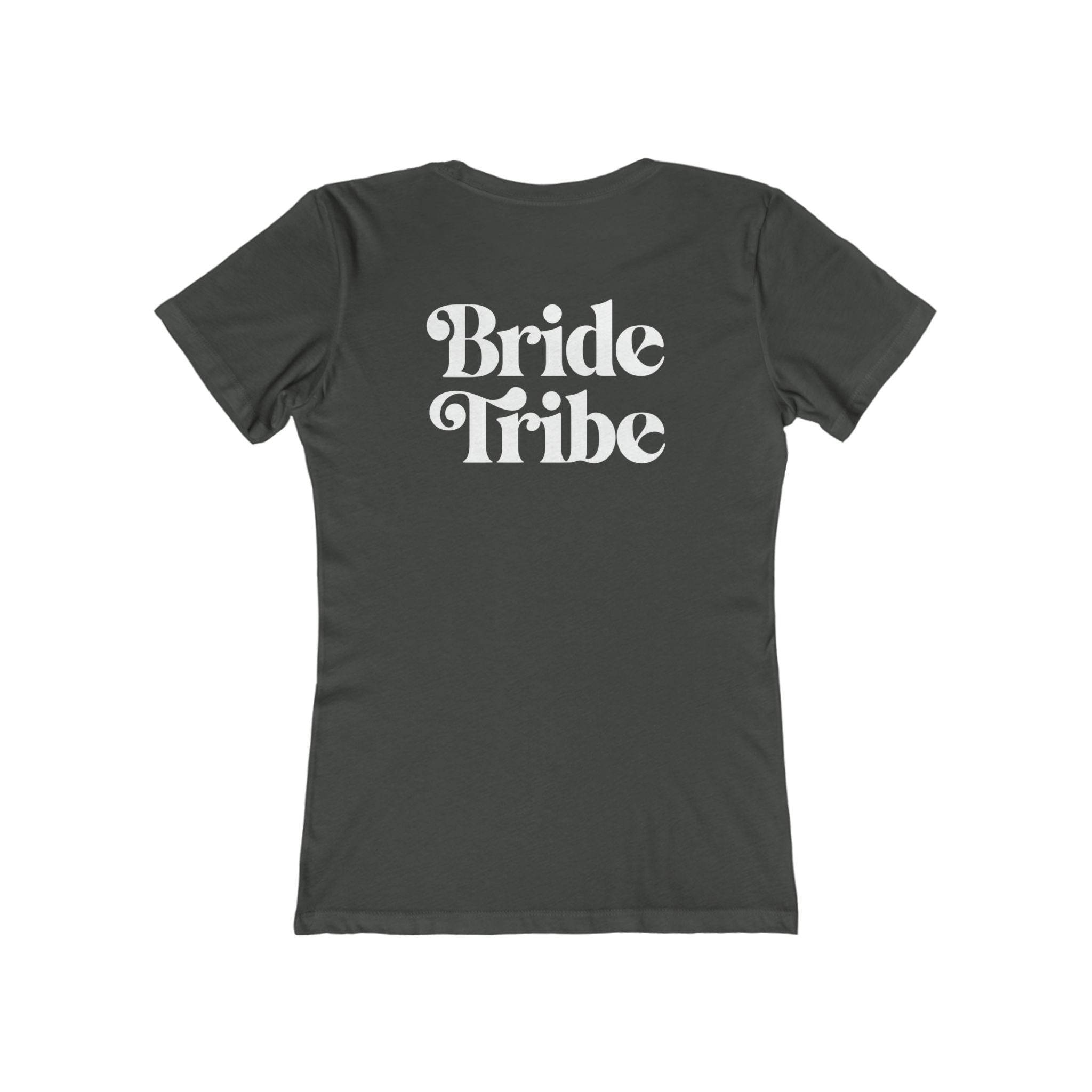 Printify charcoal fitted t shirt with white Bride Tribe back print eco-friendly bride tribe shirt ideal for bachelorette