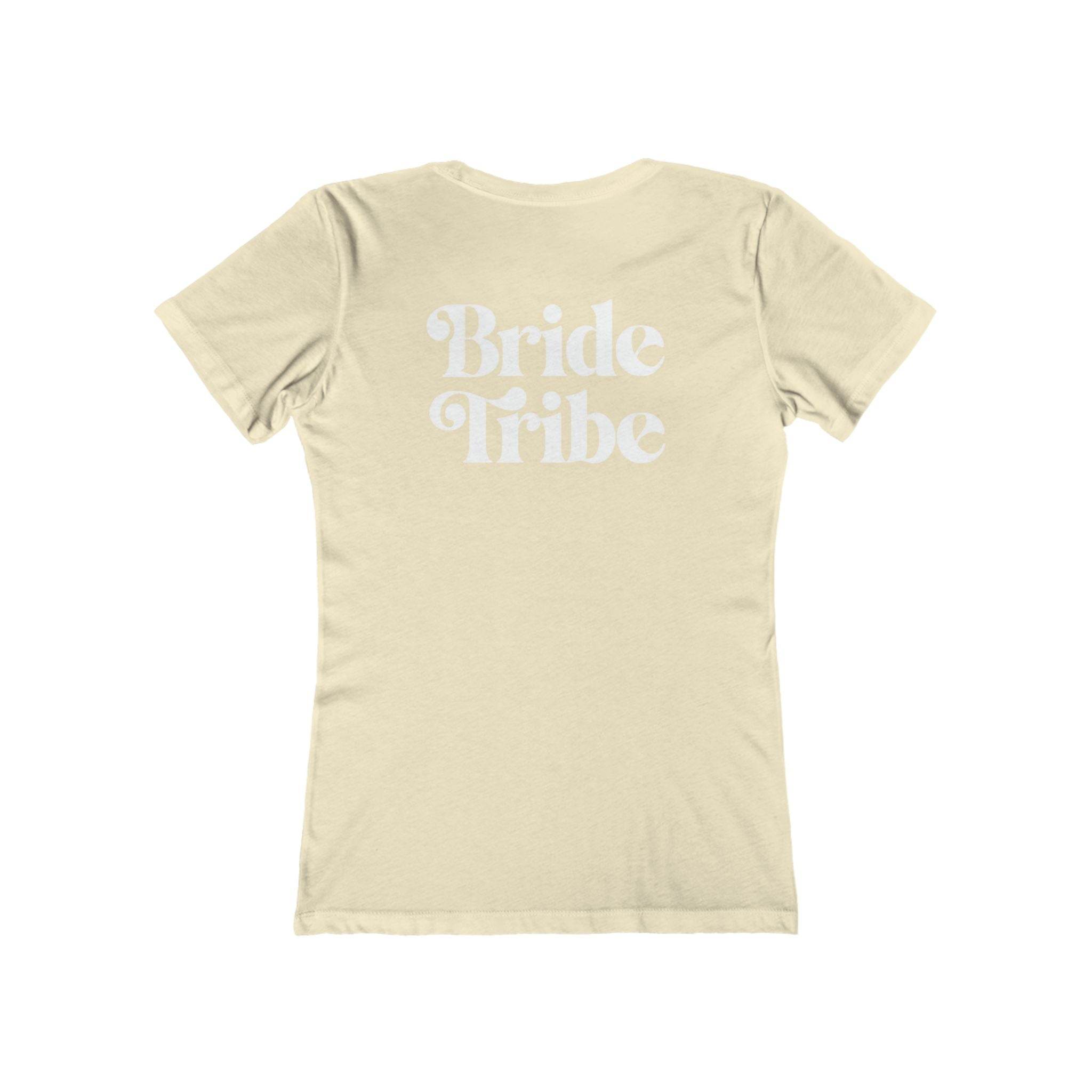 Printify fitted beige t shirt with white retro Bride Tribe print on back eco-friendly bride tribe shirt for bachelorette