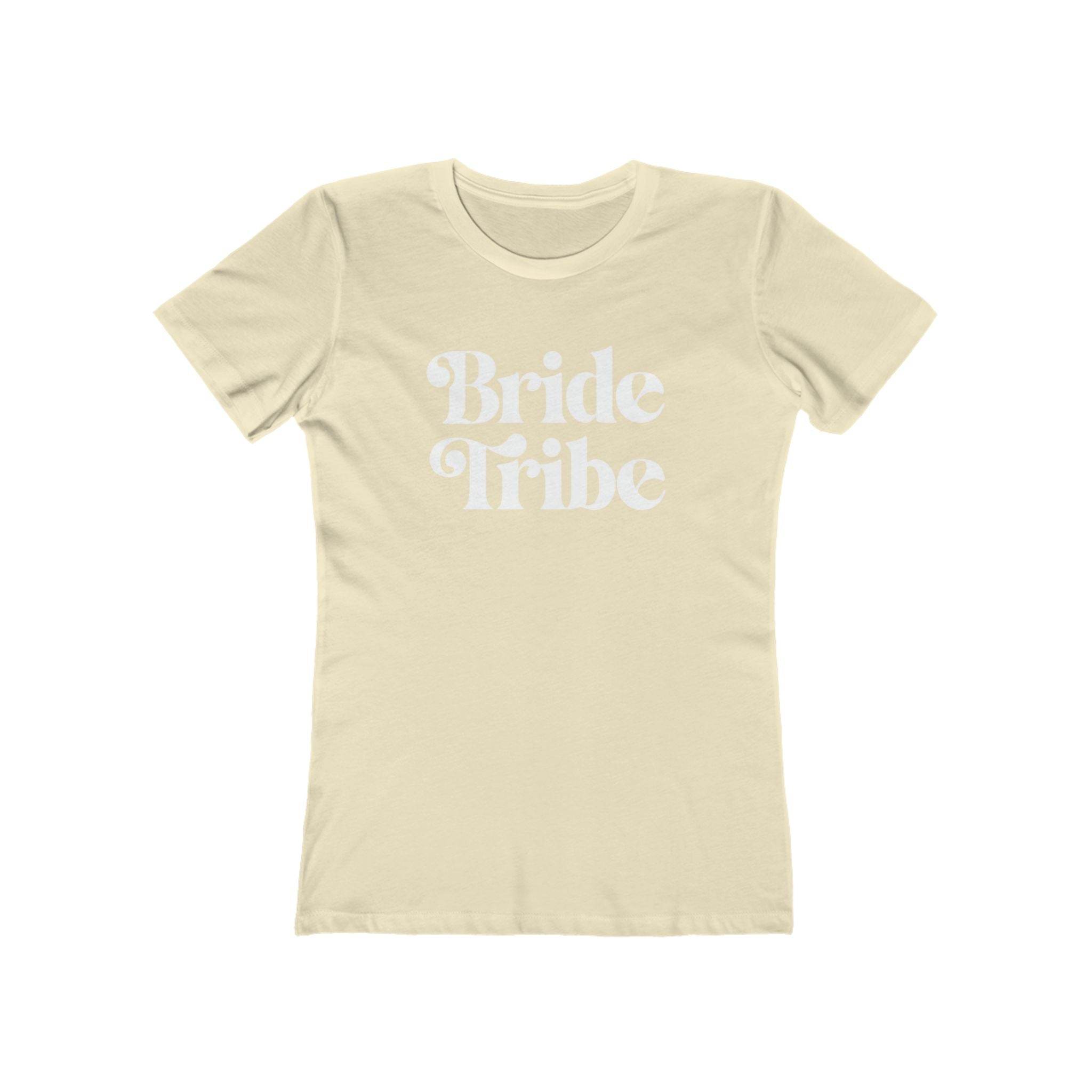 Printify eco-friendly bride tribe shirt cream fitted womens tee with white retro Bride Tribe script for bachelorette