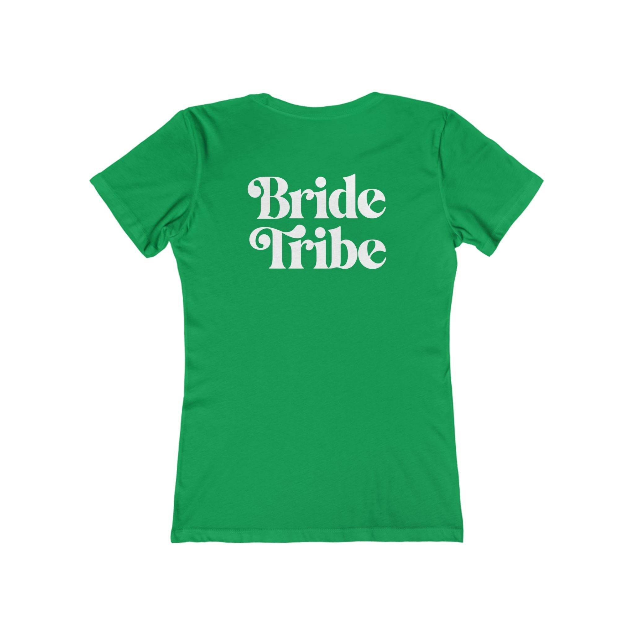 Green women's T-shirt with white Bride Tribe back print for bachelorette parties eco-friendly bride tribe shirt