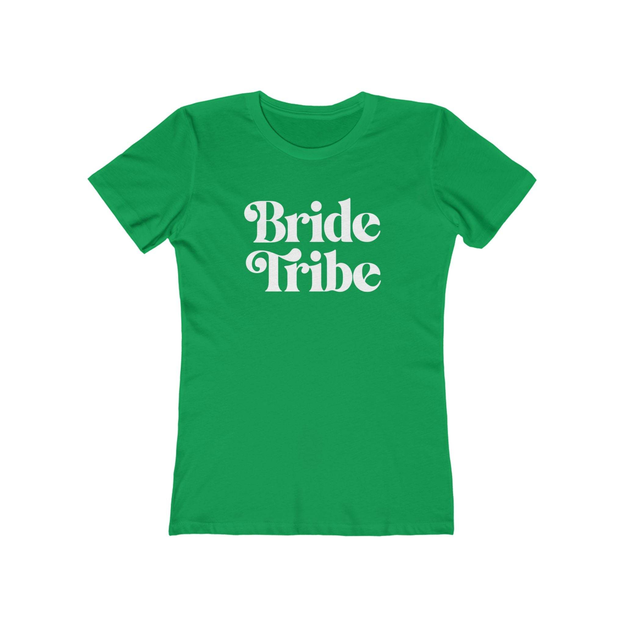 Printify green fitted womens T shirt with white retro Bride Tribe text for bachelorette parties eco-friendly bride tribe shirt