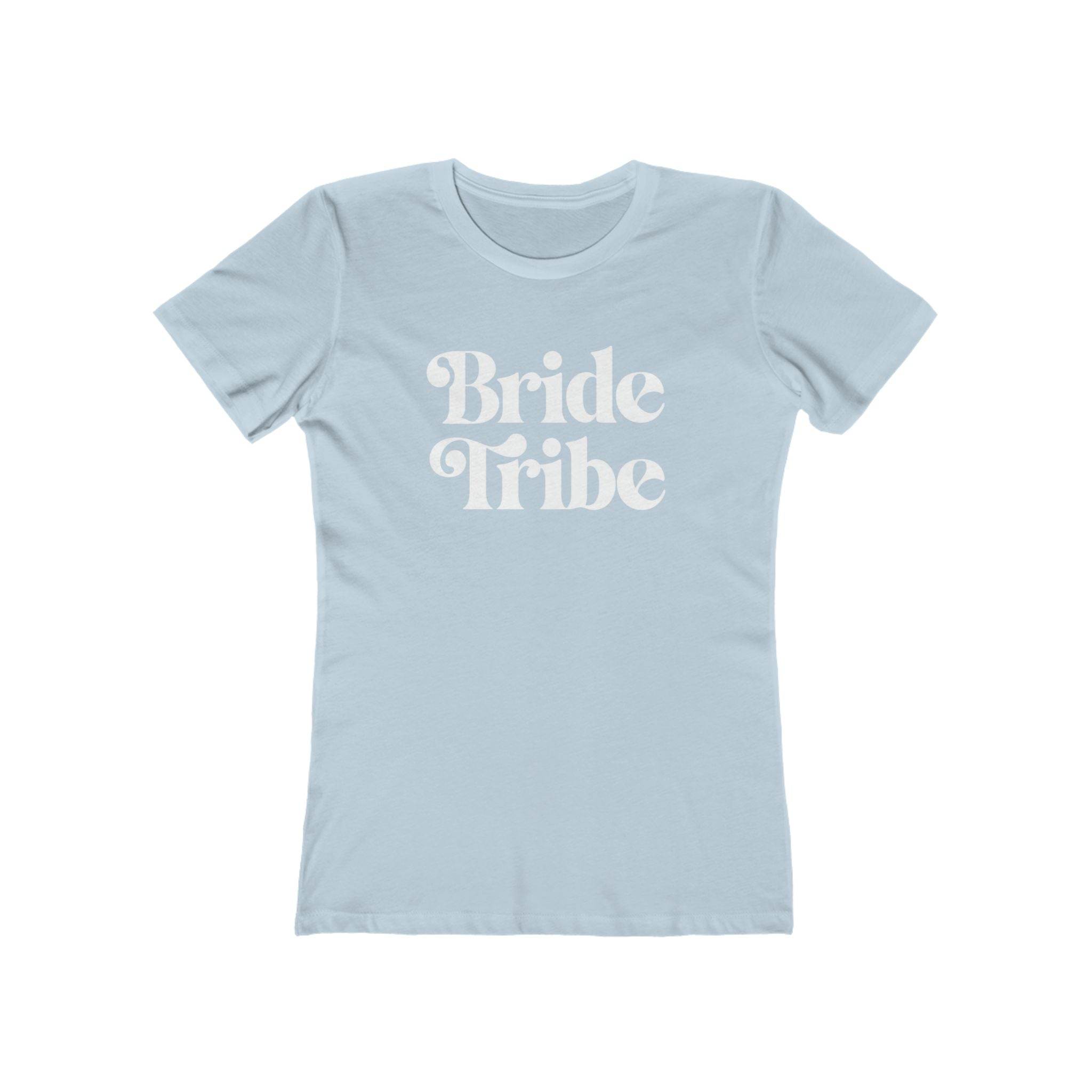 Printify light blue fitted womens T shirt with white retro Bride Tribe print eco-friendly bride tribe shirt