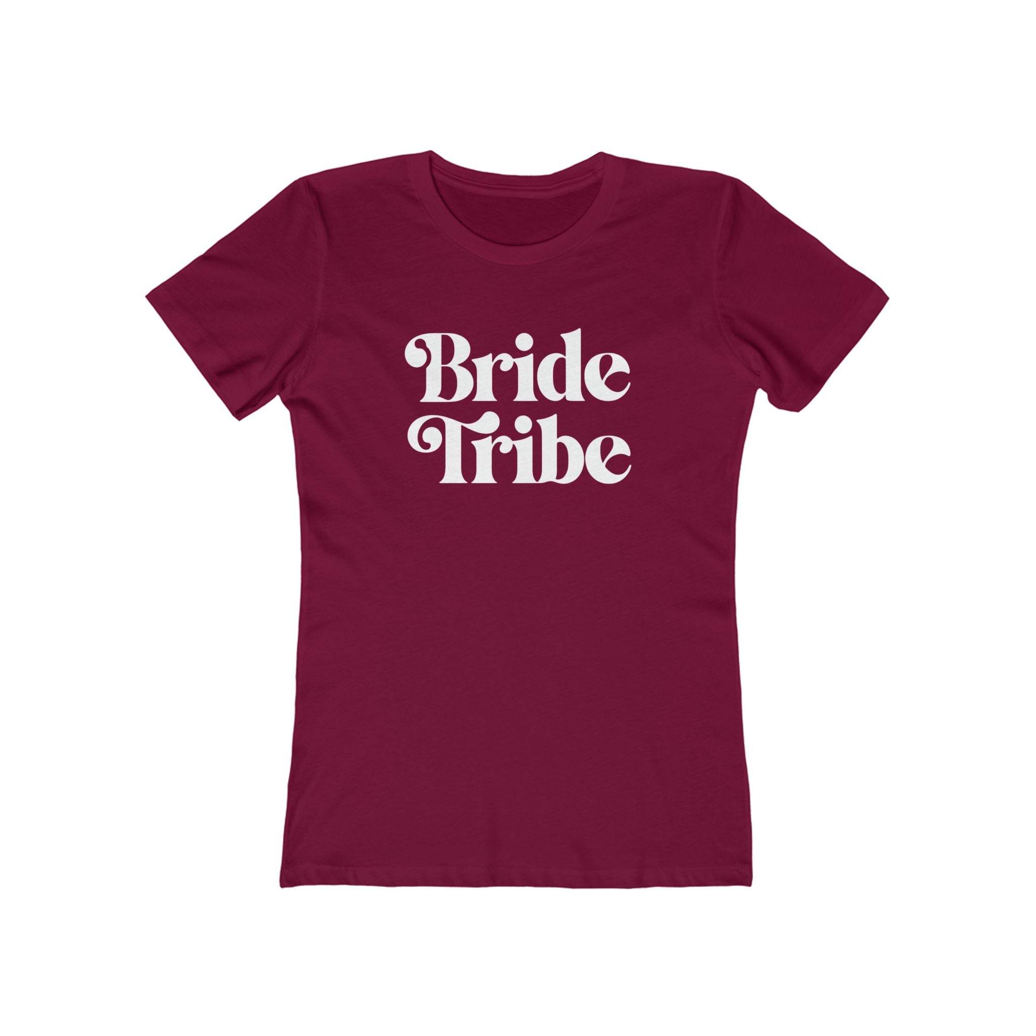 Printify maroon fitted t shirt with white retro Bride Tribe text eco-friendly bride tribe shirt for bachelorette