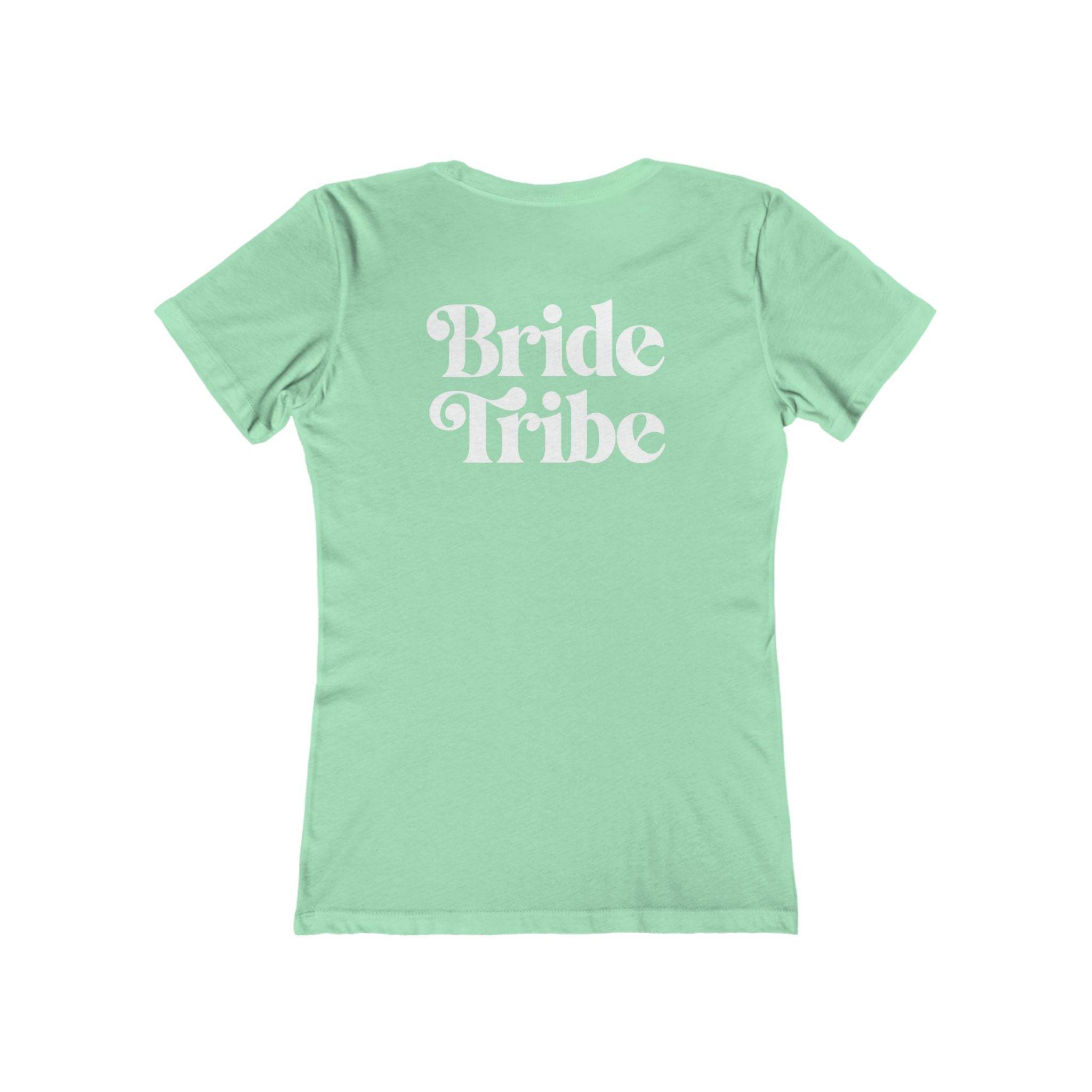 Printify mint green women T shirt back with white retro Bride Tribe print eco-friendly bride tribe shirt for bachelorette