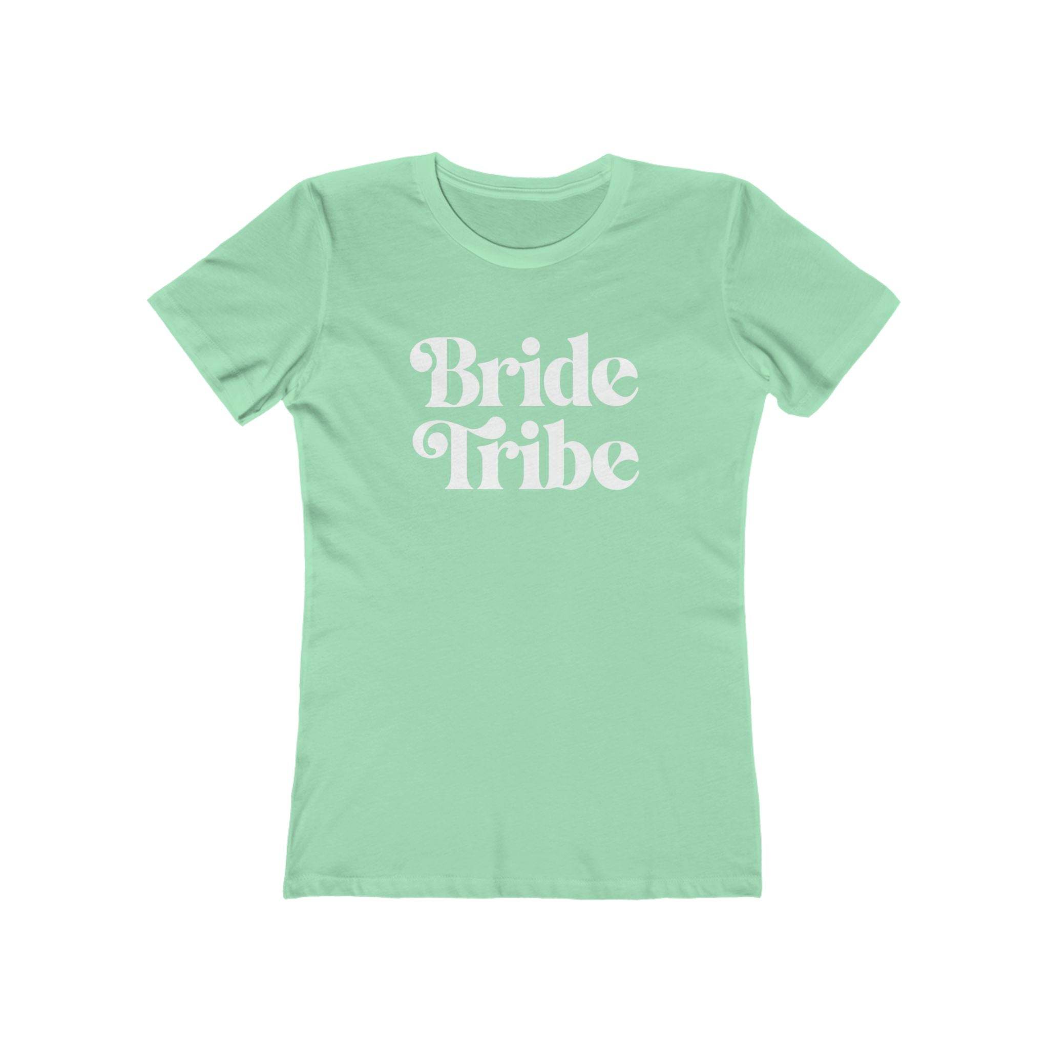 Mint green fitted tee with white retro Bride Tribe print eco-friendly bride tribe shirt for bachelorette parties