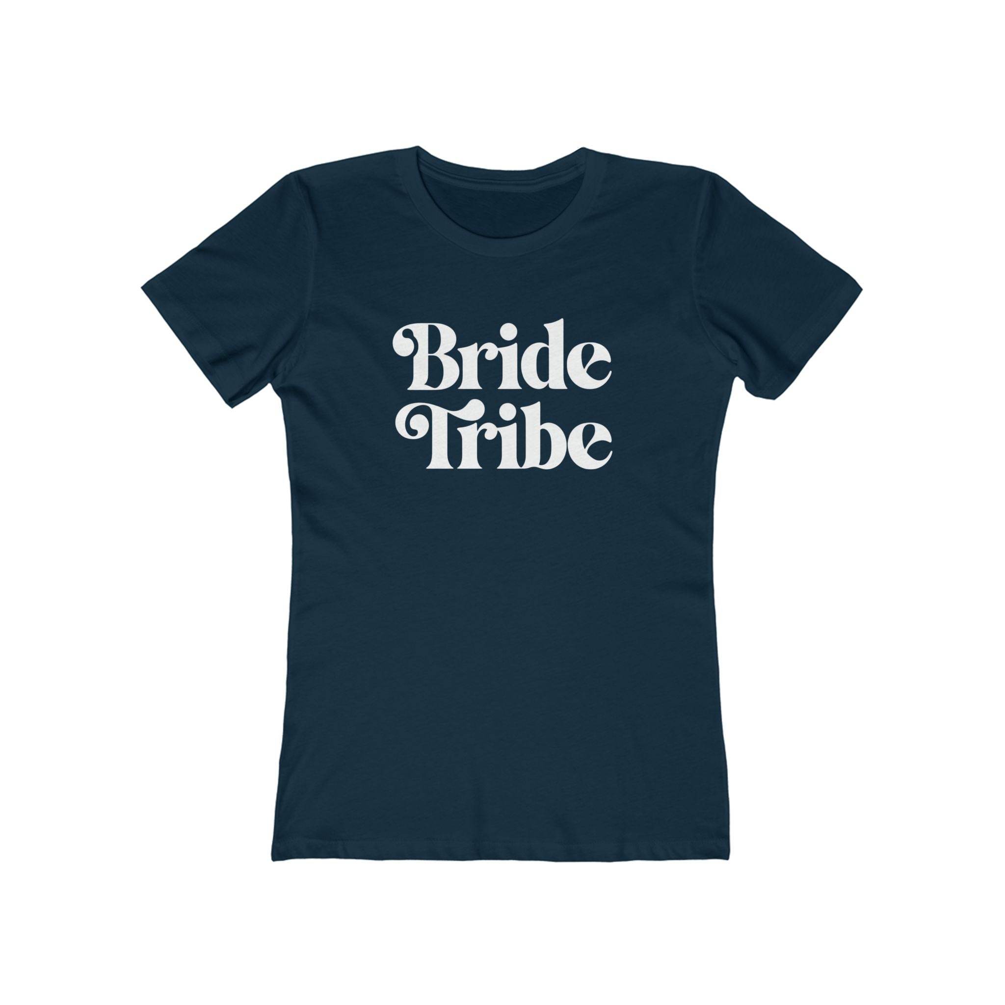 Printify women's navy fitted tee with white retro Bride Tribe text eco-friendly bride tribe shirt for bachelorette