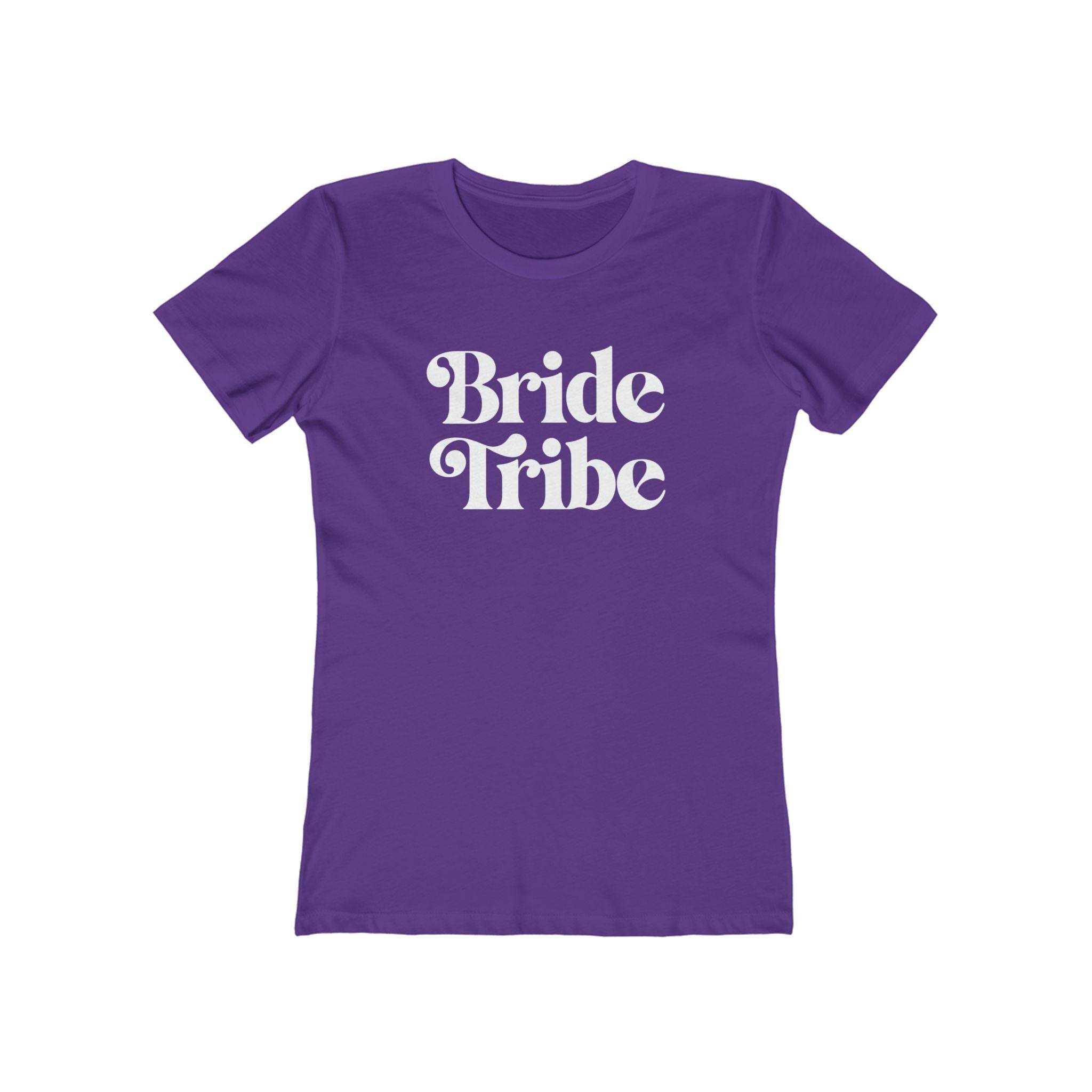 Printify purple womens t shirt with white Bride Tribe retro print sustainable cotton eco-friendly bride tribe shirt