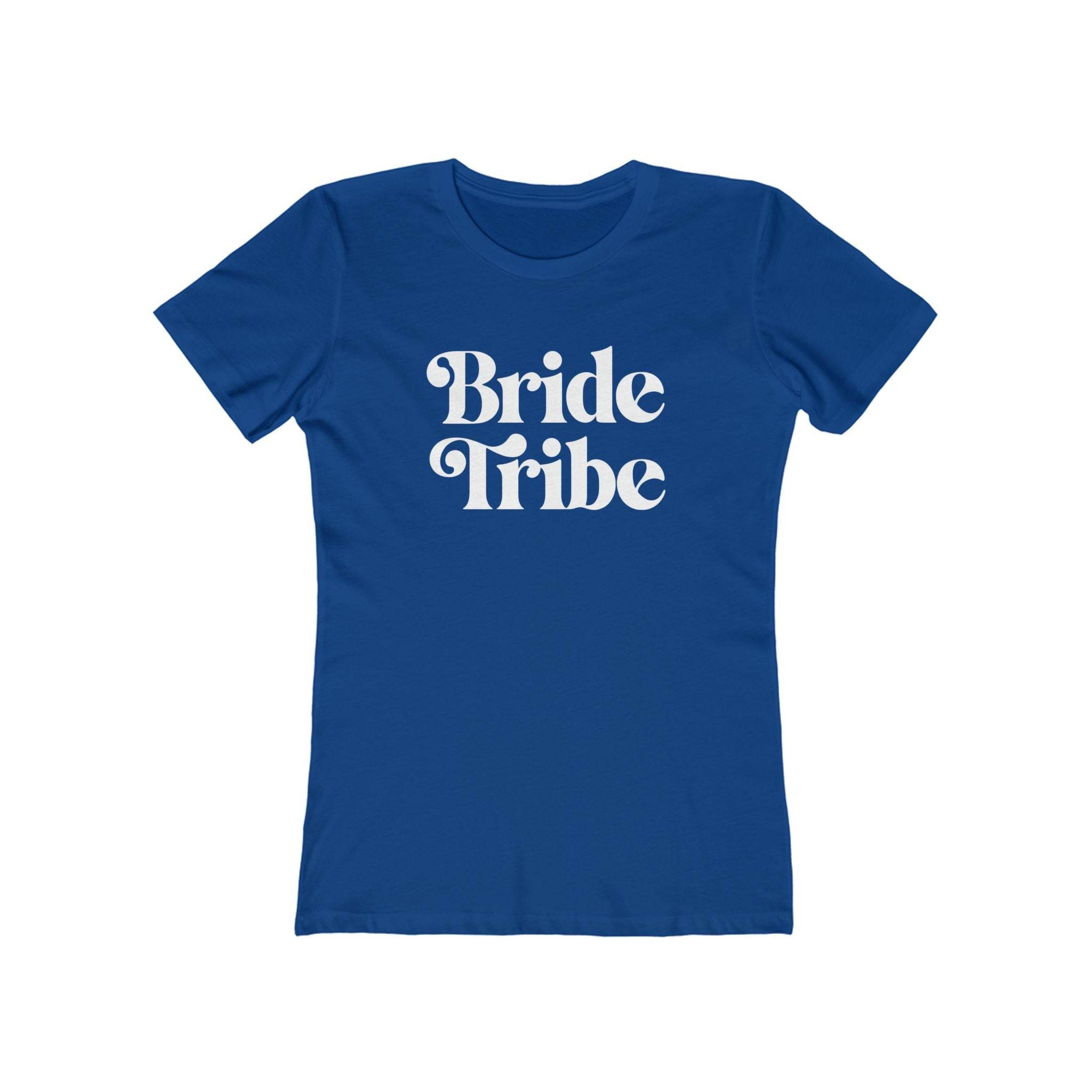 Printify royal blue fitted womens t shirt with white retro Bride Tribe script eco-friendly bride tribe shirt for bachelorette party