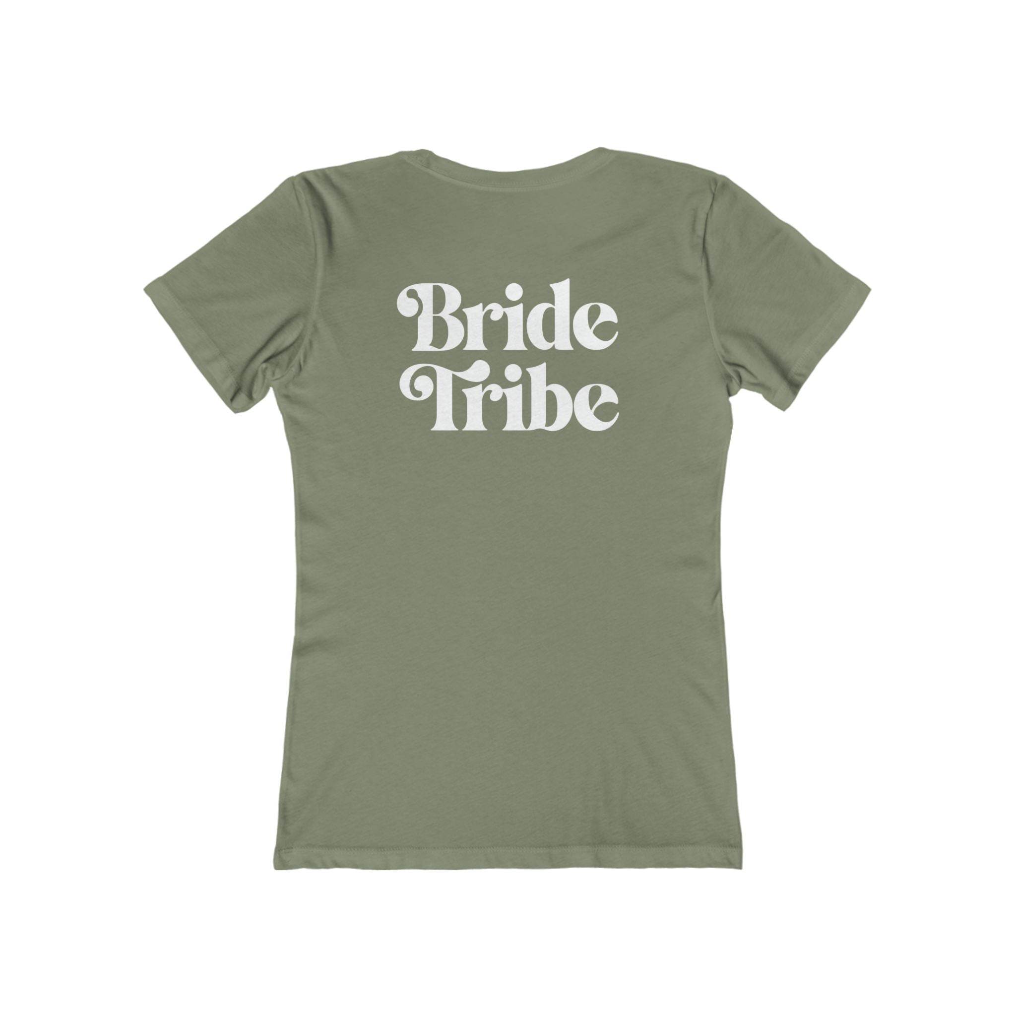 Printify olive green ladies t shirt with white Bride Tribe back print eco-friendly bride tribe shirt for bachelorette group