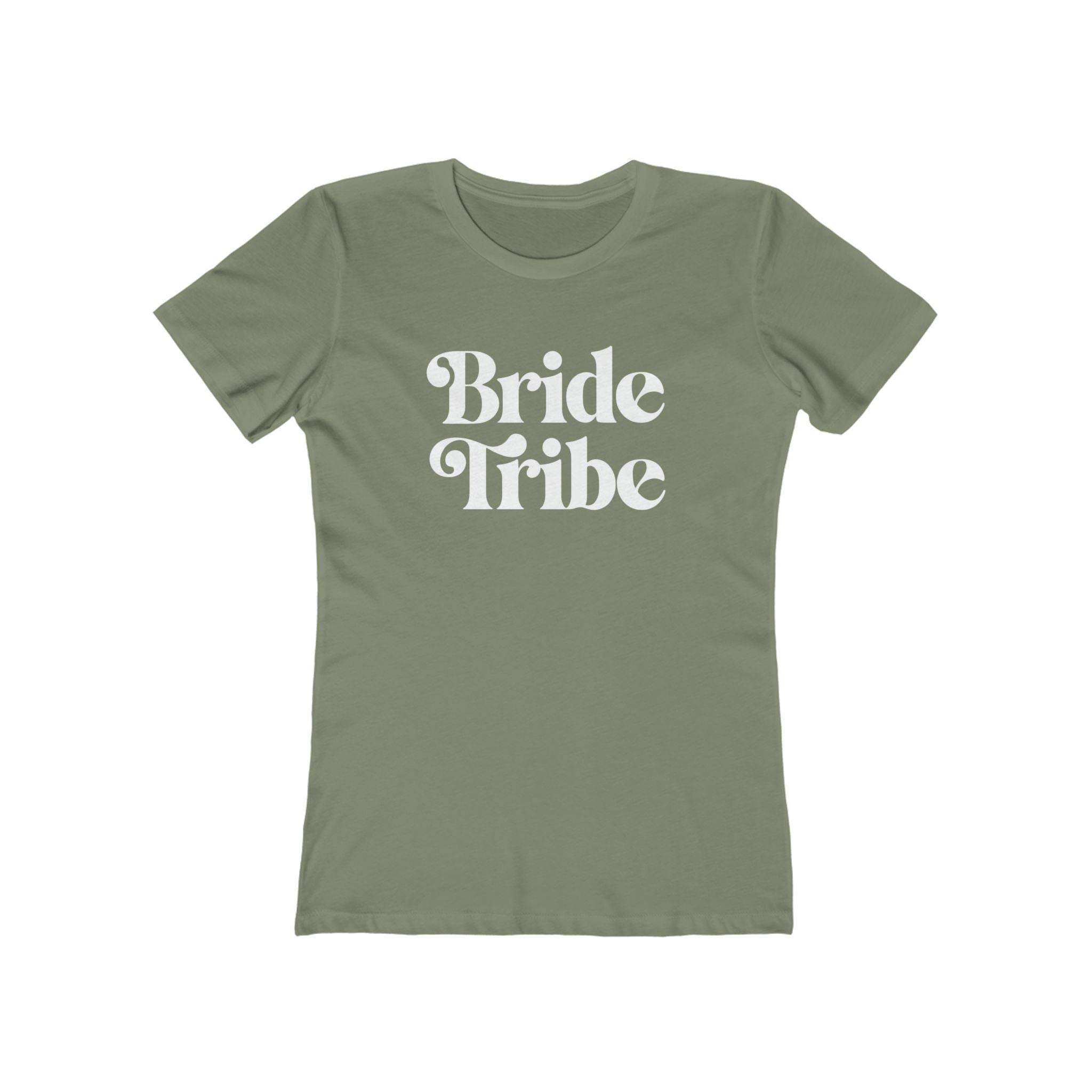 Printify eco-friendly bride tribe shirt olive green fitted womens tee with white retro Bride Tribe text