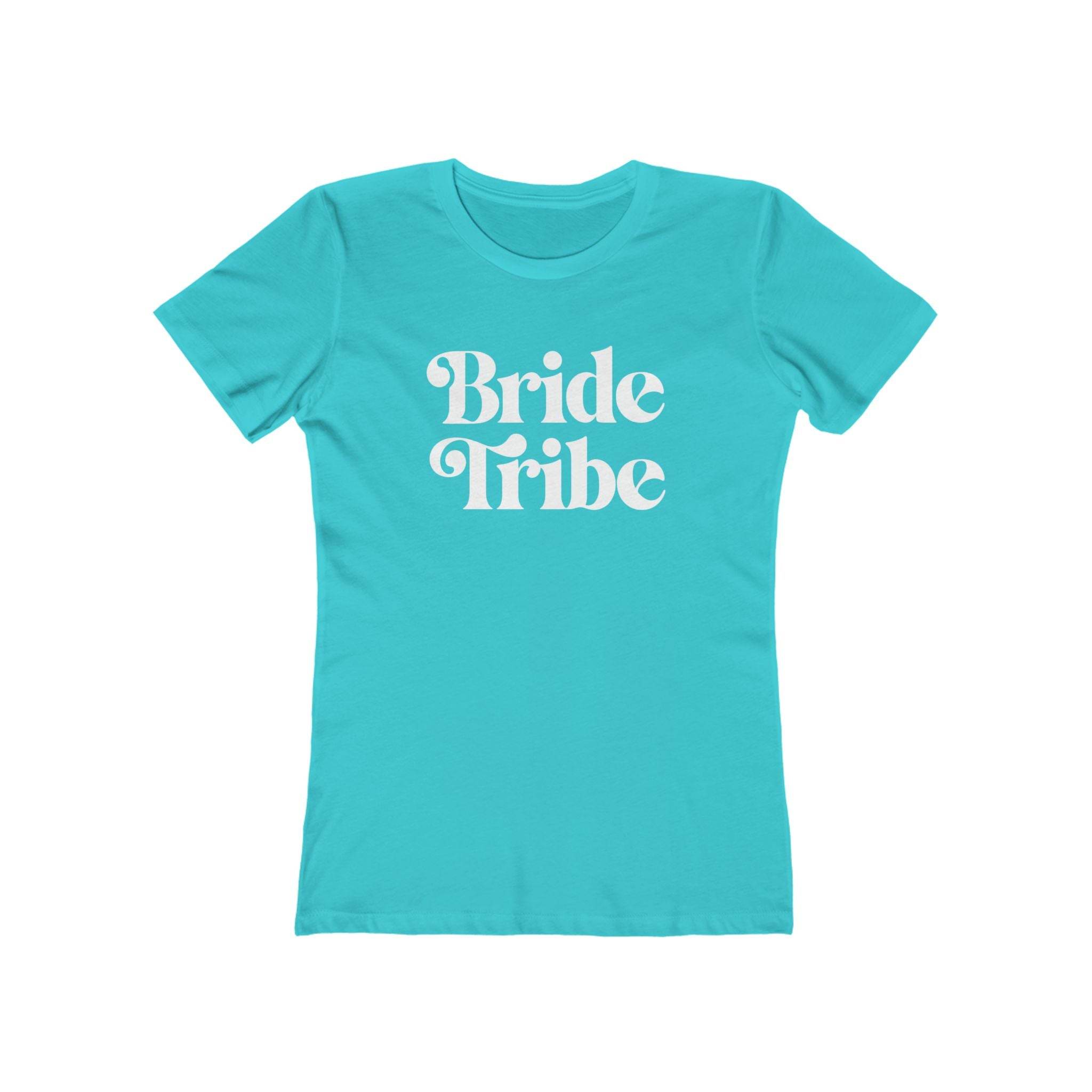 Printify turquoise fitted womens T shirt with white Bride Tribe retro text eco-friendly bride tribe shirt for bachelorette party