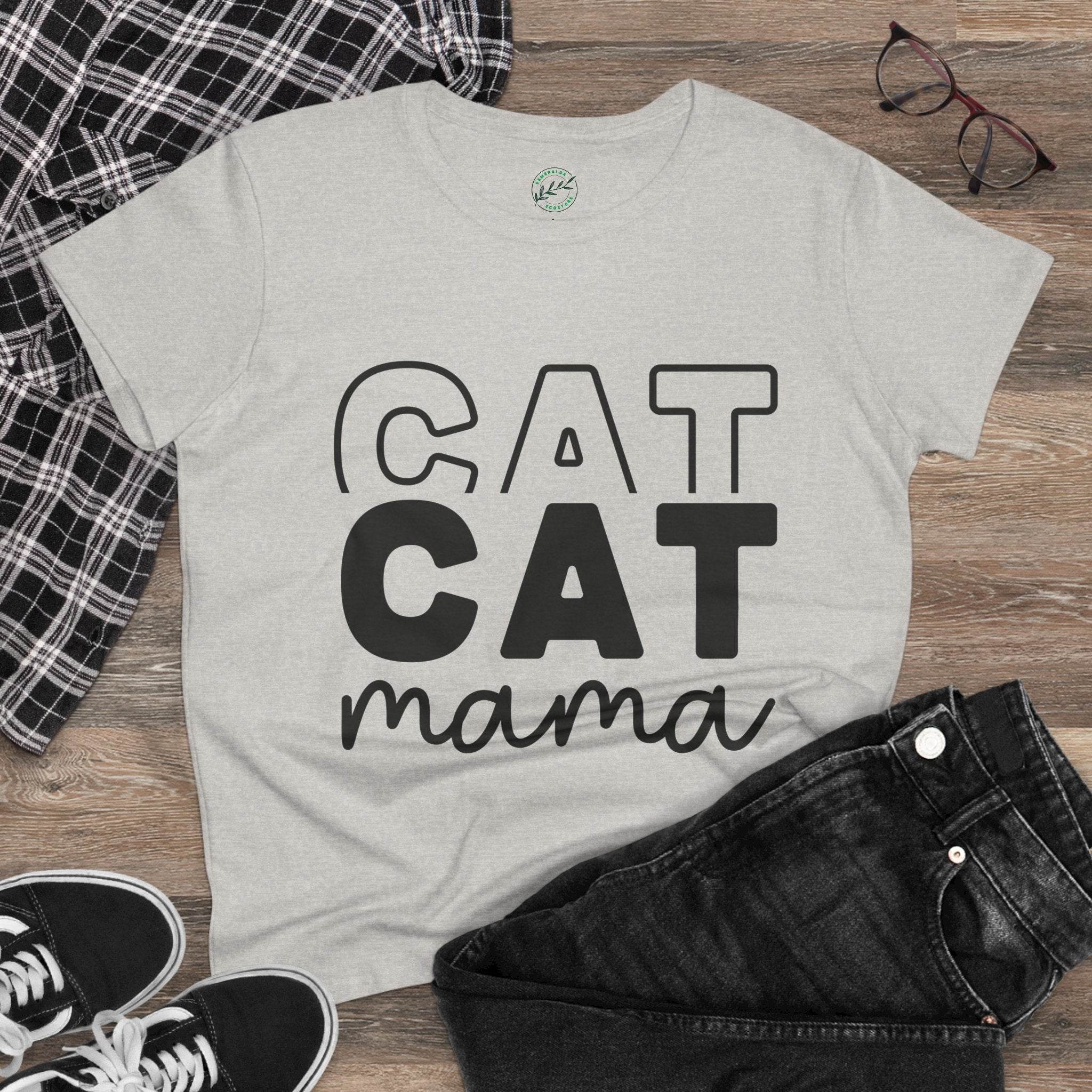 Printify light gray t shirt with bold black CAT CAT mama design eco-friendly cat mom shirt casual tee