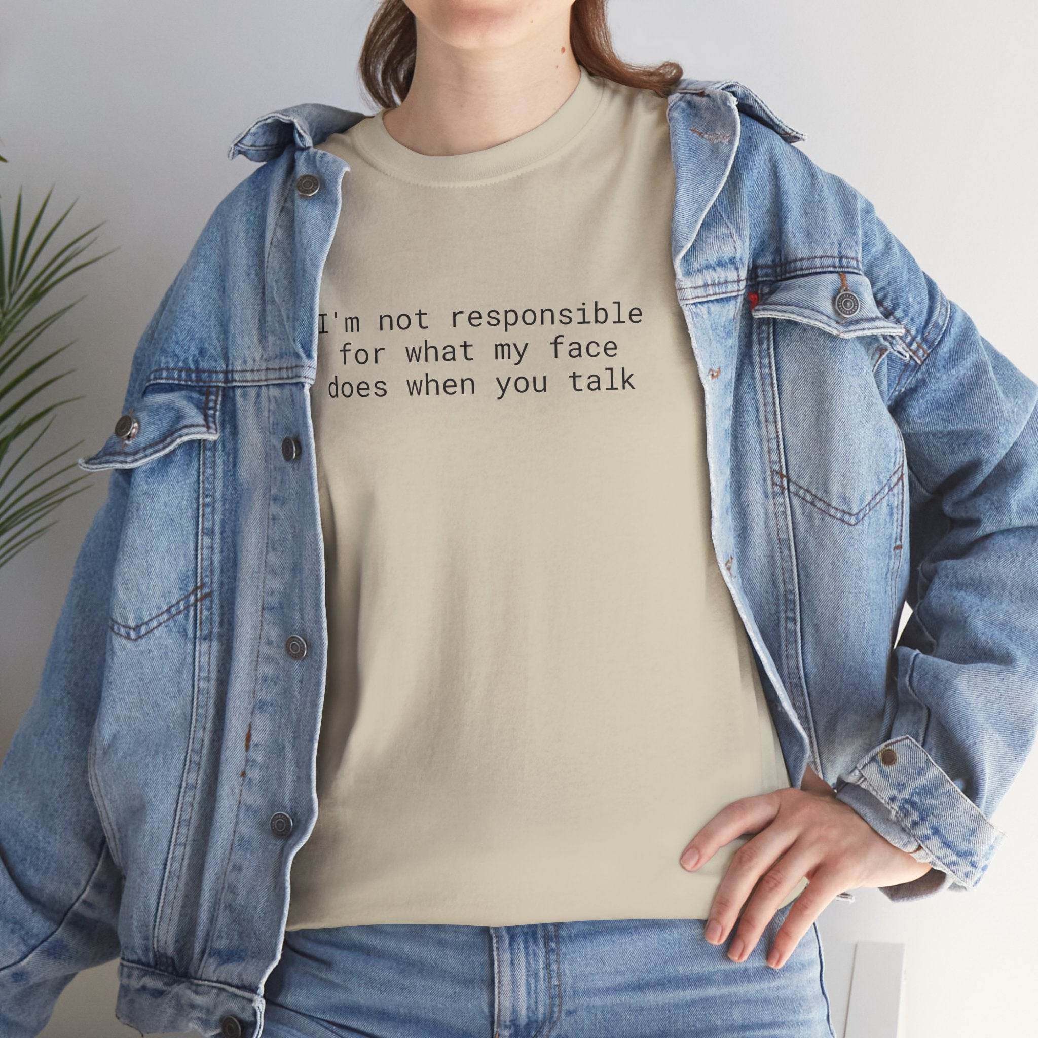 Printify eco-friendly funny t-shirt beige crew neck with sarcastic printed slogan worn under denim jacket
