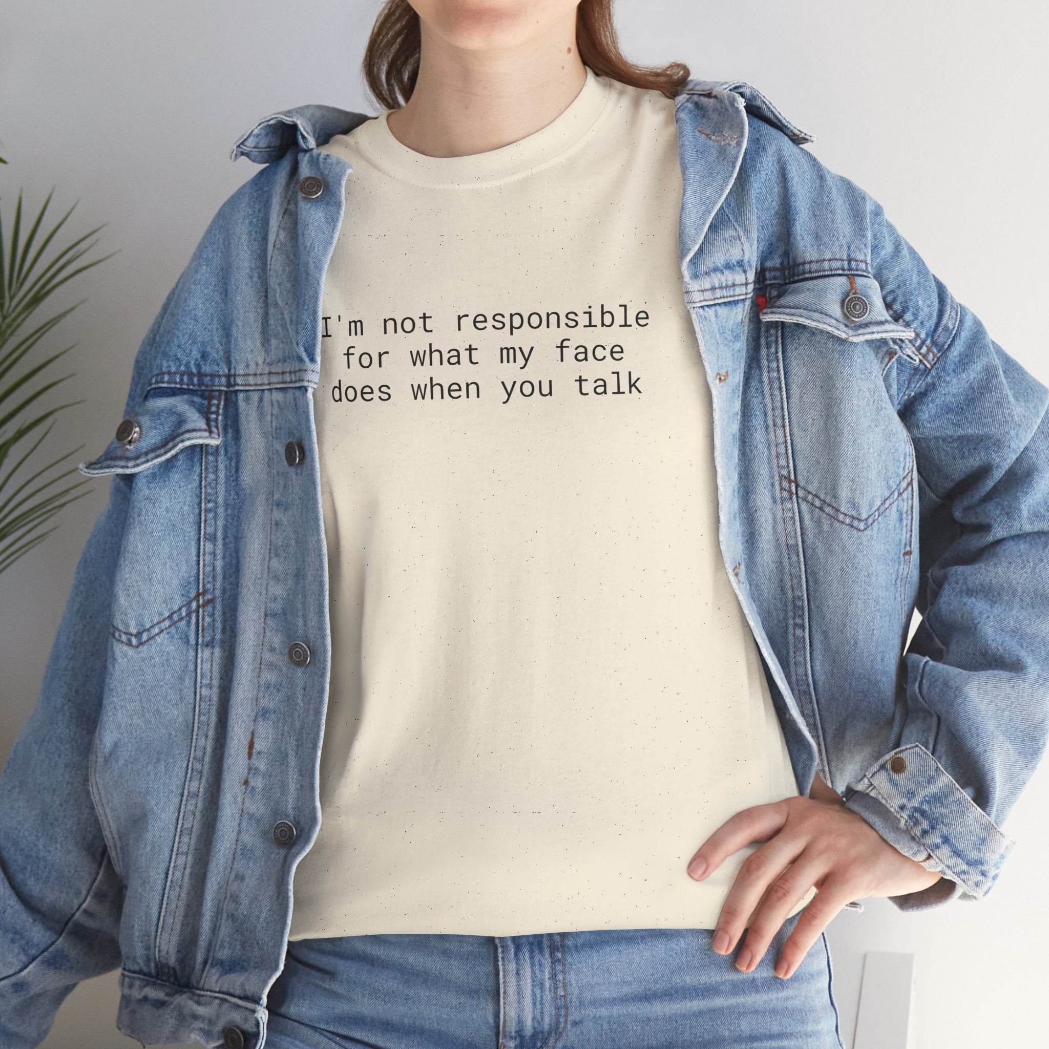 Printify eco-friendly funny t-shirt cream tee with sarcastic quote worn with denim jacket and jeans