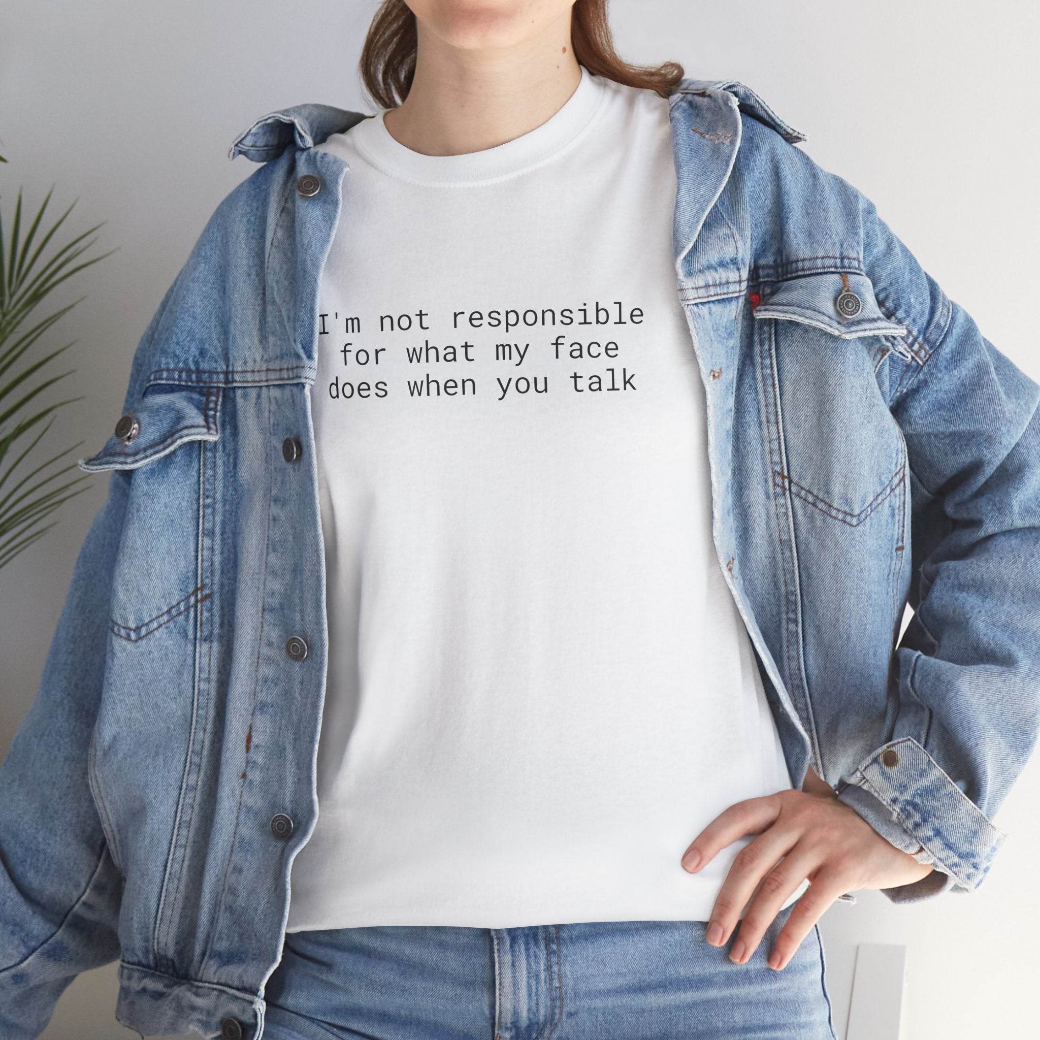 Printify white eco-friendly funny t-shirt with sarcastic printed quote worn under denim jacket casual pose