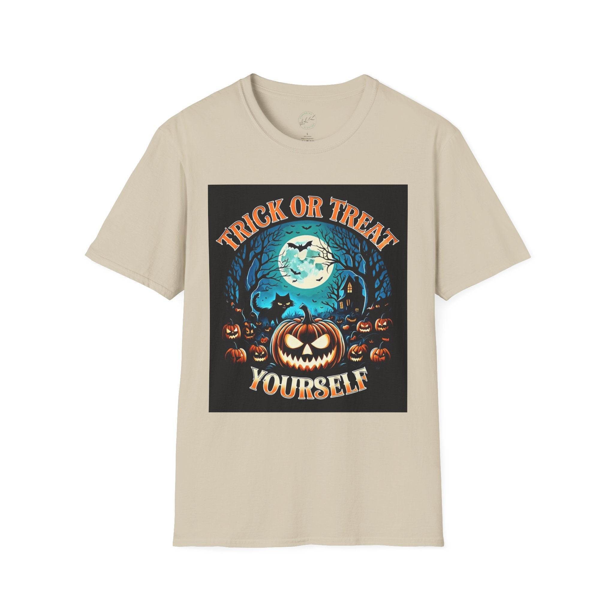 Beige Printify t shirt featuring spooky jack o lantern full moon bats haunted house graphic eco-friendly Halloween t-shirt