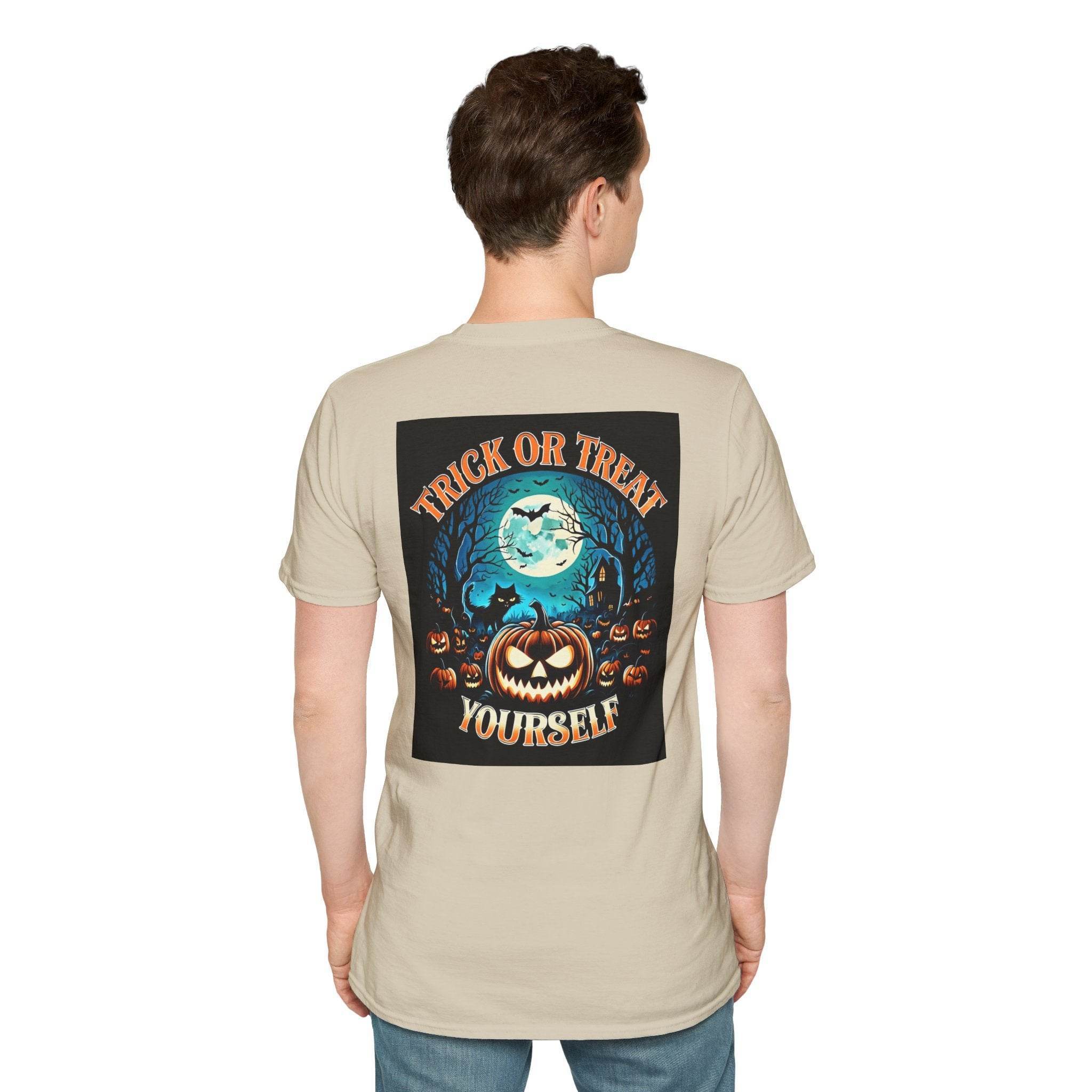 Printify eco-friendly Halloween t-shirt back view beige tee with Trick or Treat Yourself pumpkin moon graphic