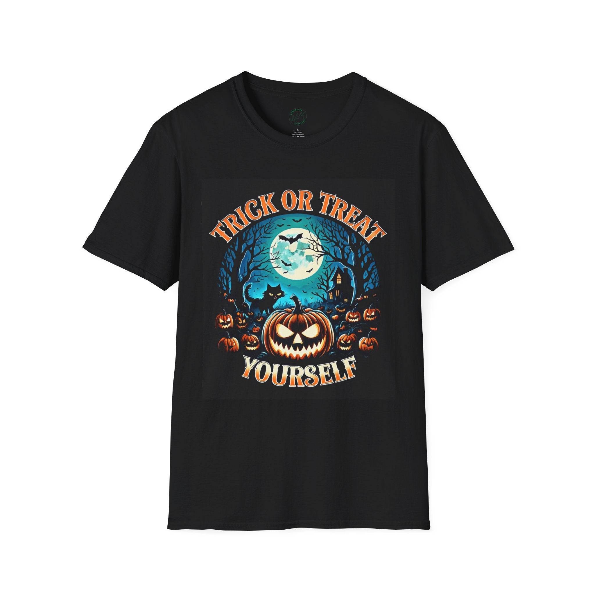 Printify black T shirt with jack o lantern moon bats haunted house graphic Trick or Treat Yourself eco-friendly Halloween t-shirt