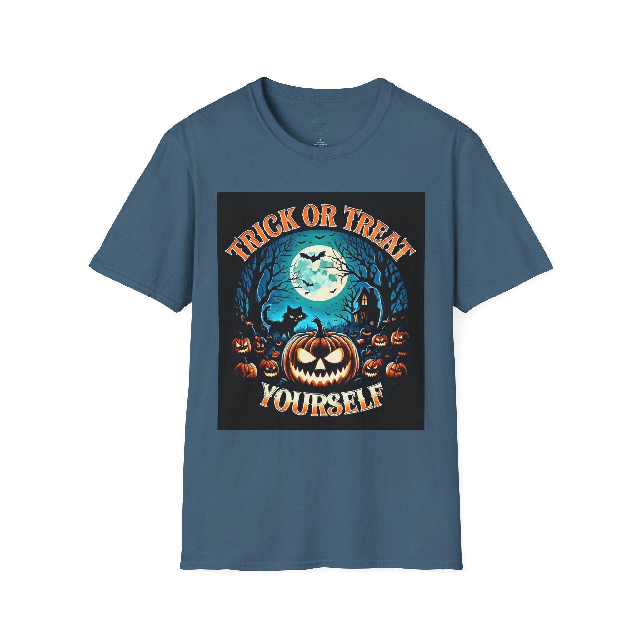 Printify blue short sleeve tee with Trick or Treat Yourself pumpkin design under full moon eco-friendly Halloween t-shirt