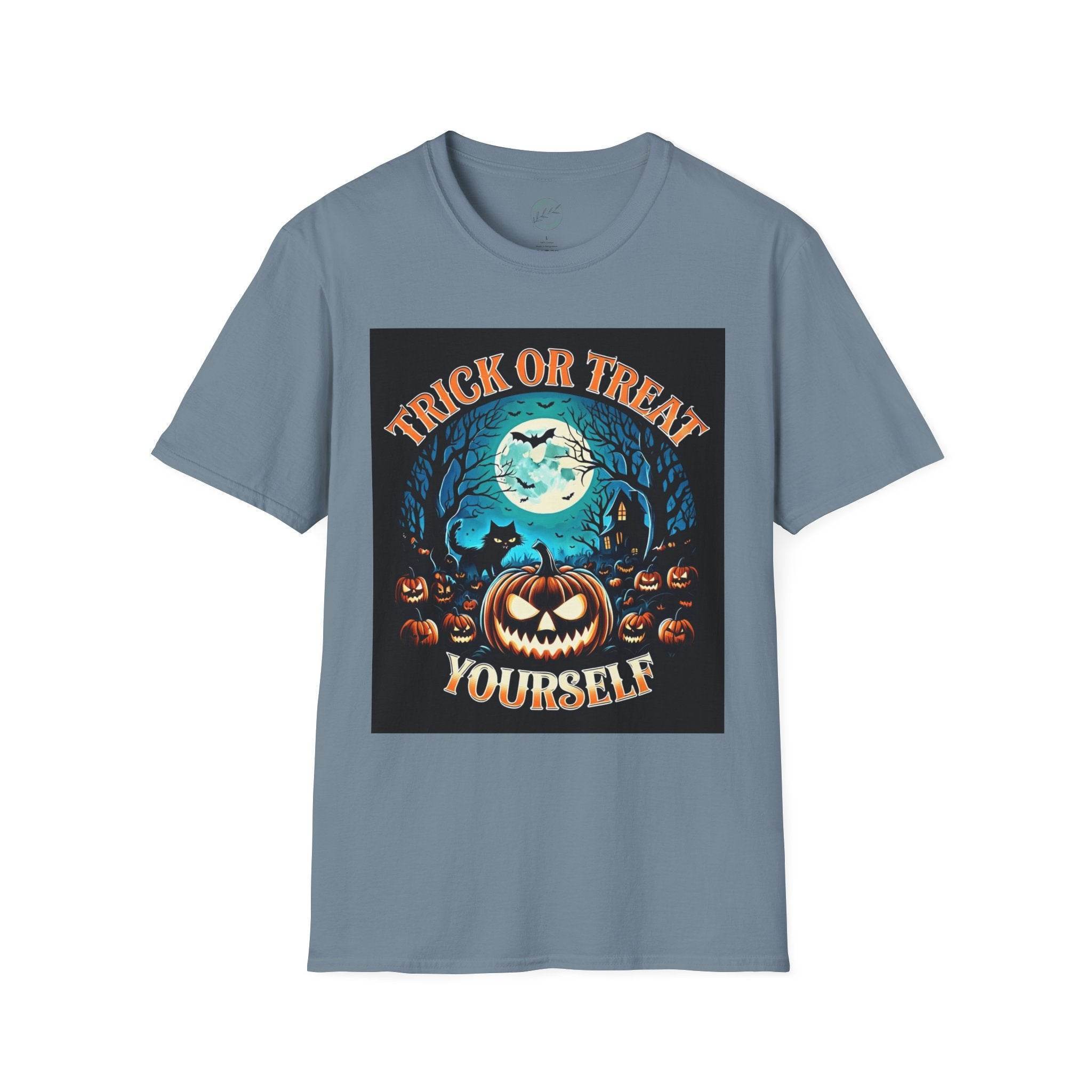 Printify eco-friendly Halloween t-shirt with Trick or Treat Yourself pumpkin moon bats graphic on blue tee