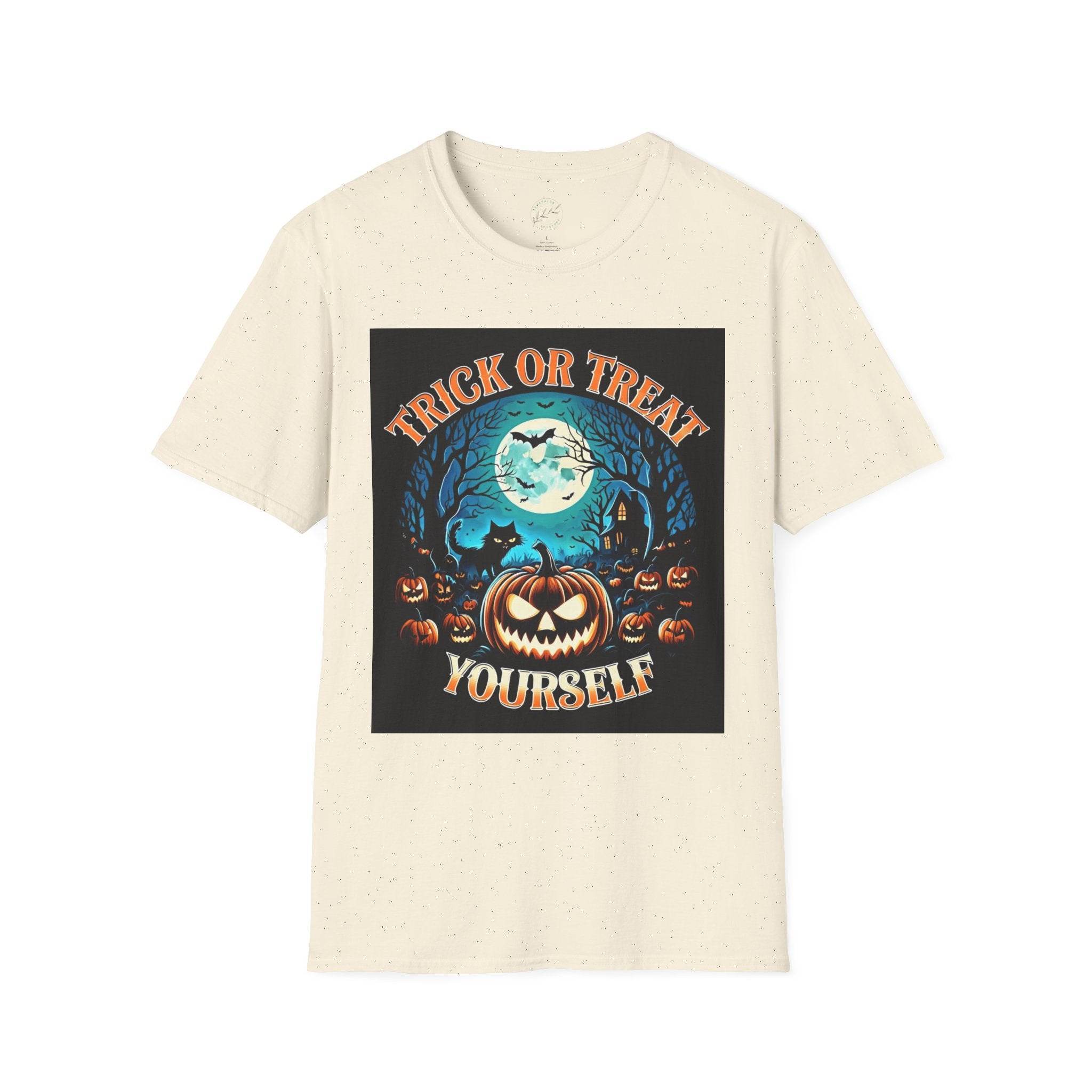 Printify eco-friendly Halloween t-shirt cream speckled crewneck with Trick or Treat Yourself pumpkin moon bats haunted house design