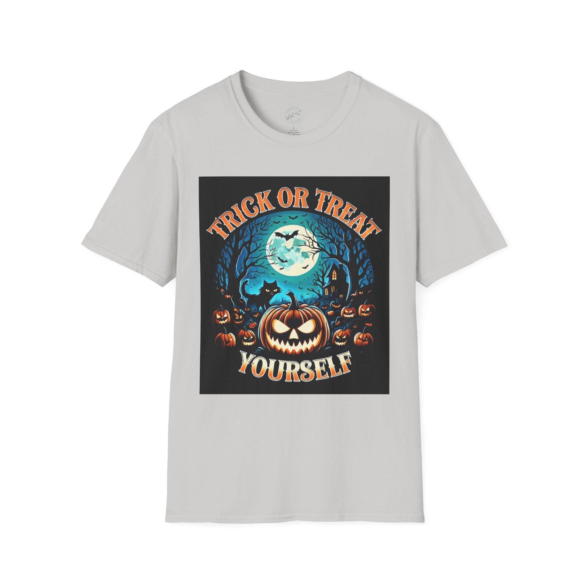 Printify eco-friendly Halloween t-shirt with Trick or Treat Yourself jack o lantern moon bats pumpkin design