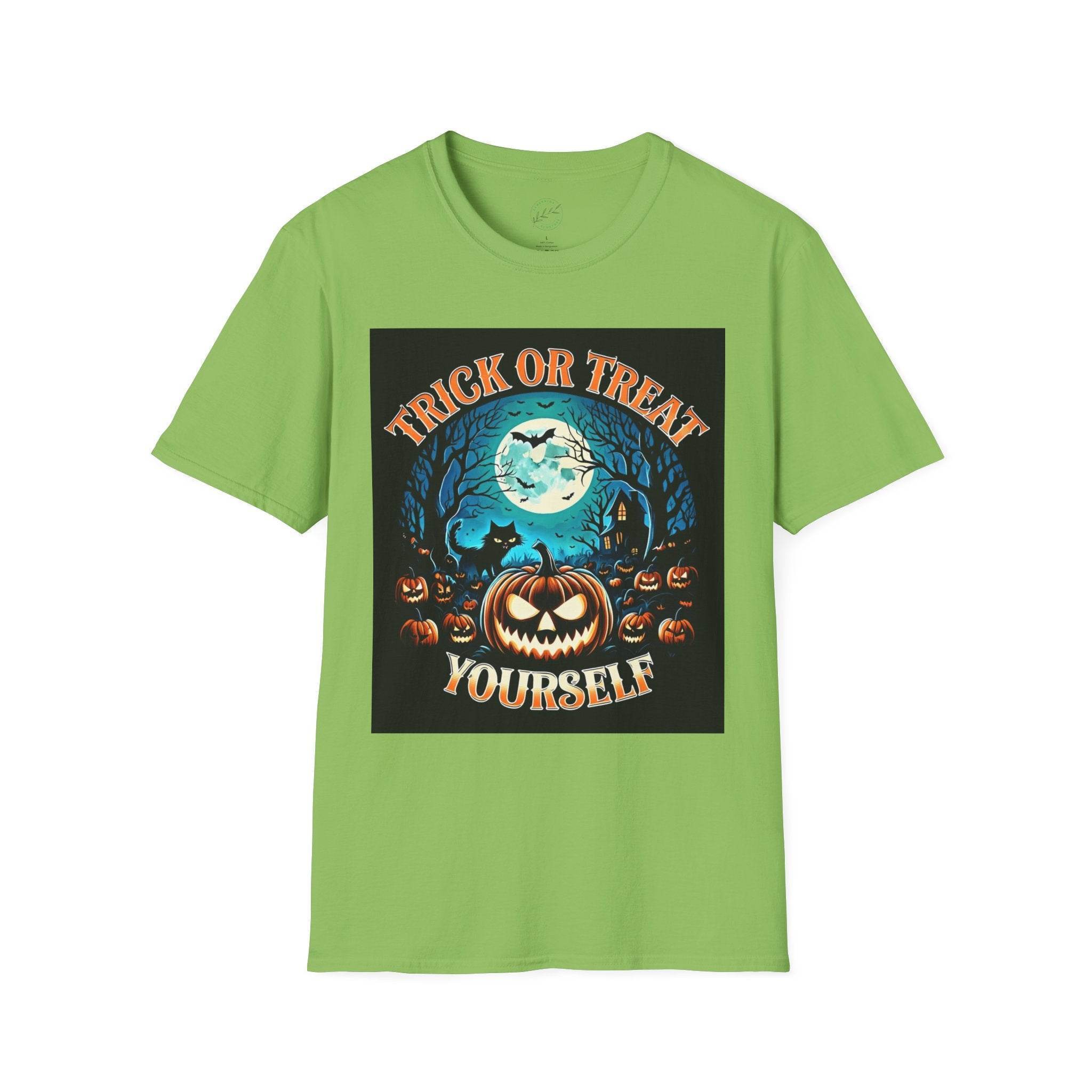 Printify green tee with Trick or Treat Yourself jack o lantern moon bats graveyard design eco-friendly Halloween t-shirt