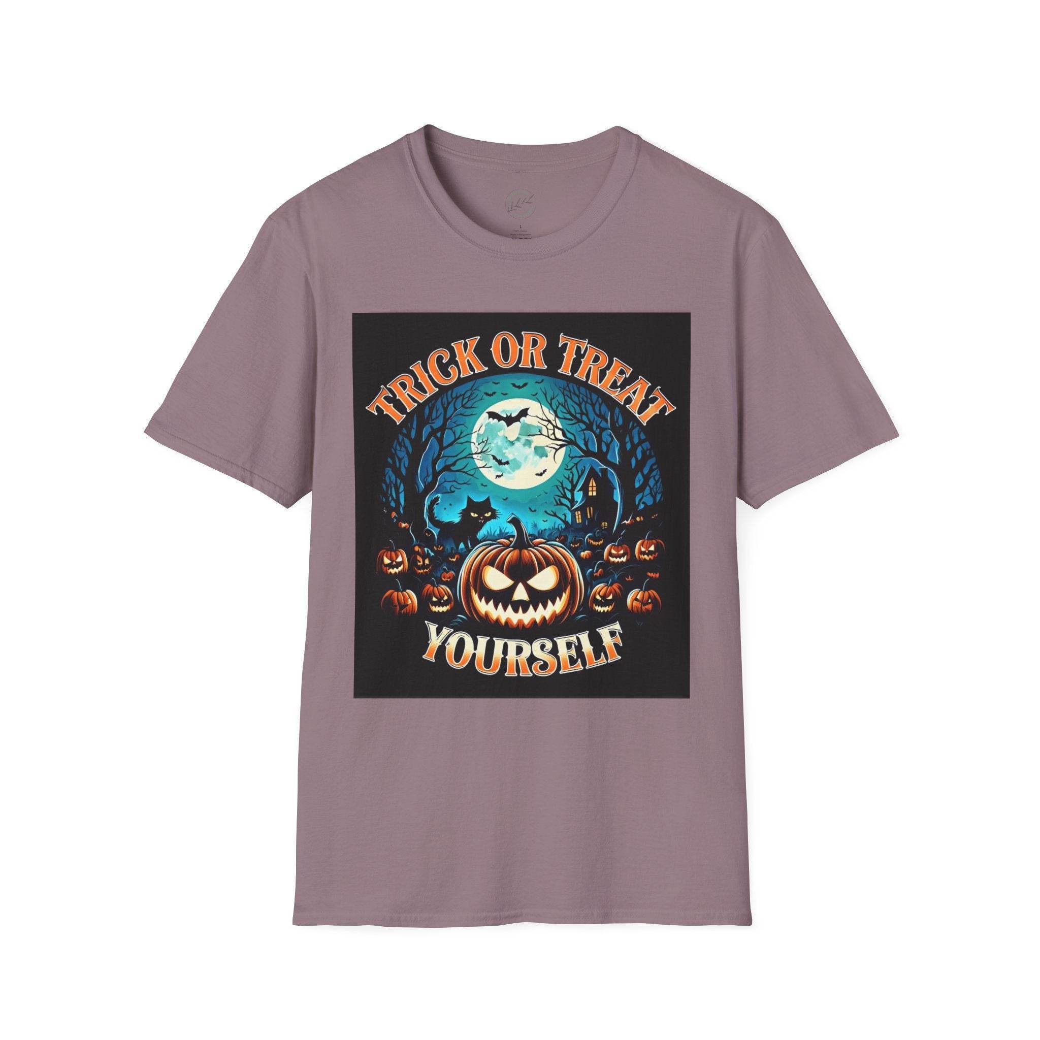 Printify eco-friendly Halloween t-shirt purple crew neck featuring Trick or Treat Yourself pumpkin moon bats haunted house