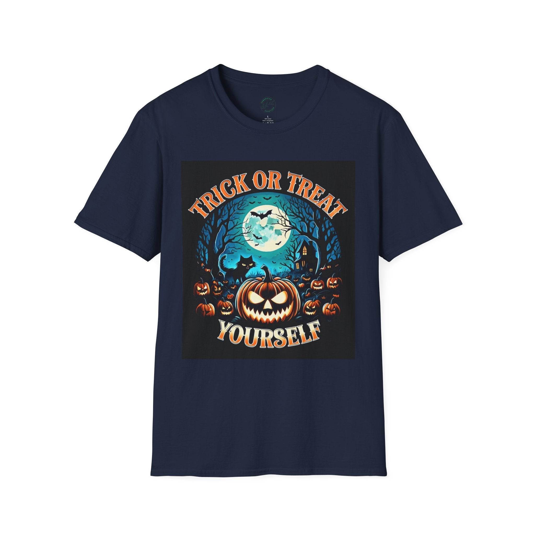 Printify navy t shirt with Trick or Treat Yourself pumpkin design moon bats haunted house eco-friendly Halloween t-shirt