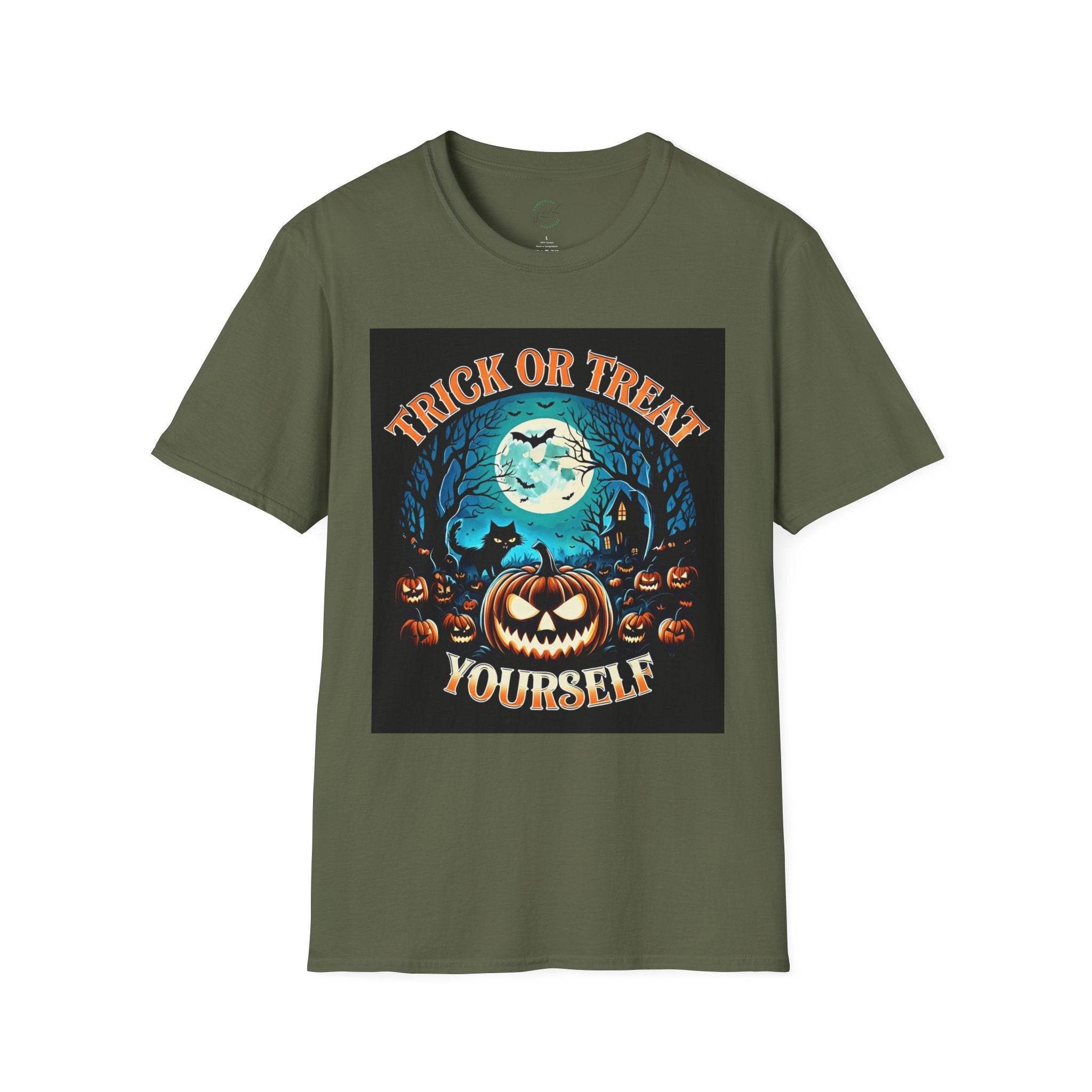 Printify olive green eco-friendly Halloween t-shirt featuring Trick or Treat Yourself jack o lantern moon bats design