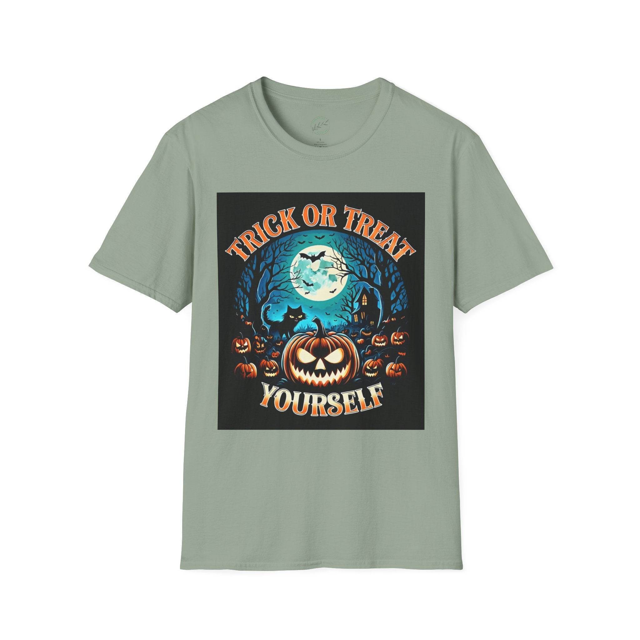 Printify sage green tee with Trick Or Treat Yourself pumpkin design under full moon eco-friendly Halloween t-shirt