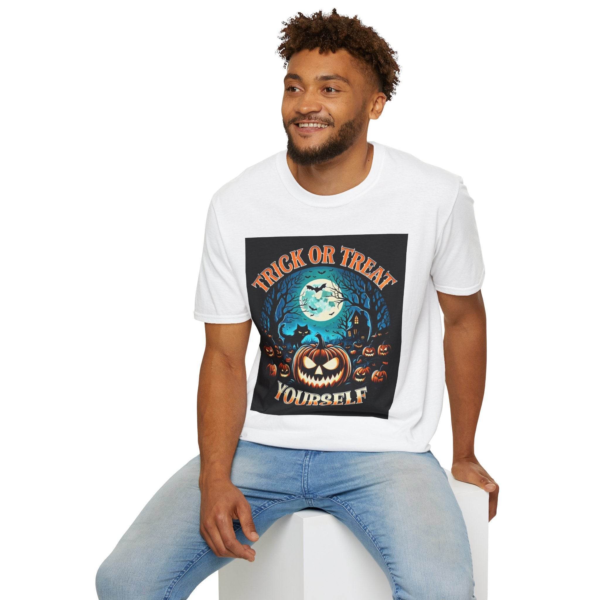 Printify mens eco-friendly Halloween t-shirt showing moonlit pumpkin jack o lanterns bats trees and Trick or Treat Yourself design