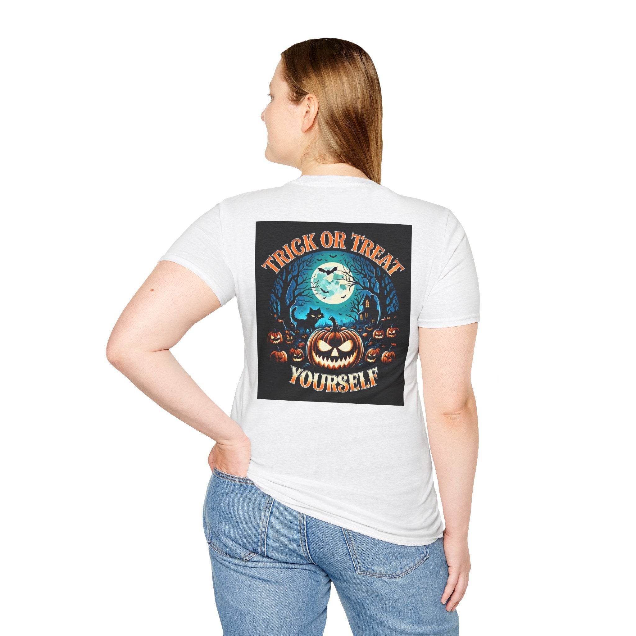 Printify white t shirt back view with Trick or Treat Yourself pumpkin moon trees eco-friendly Halloween t-shirt