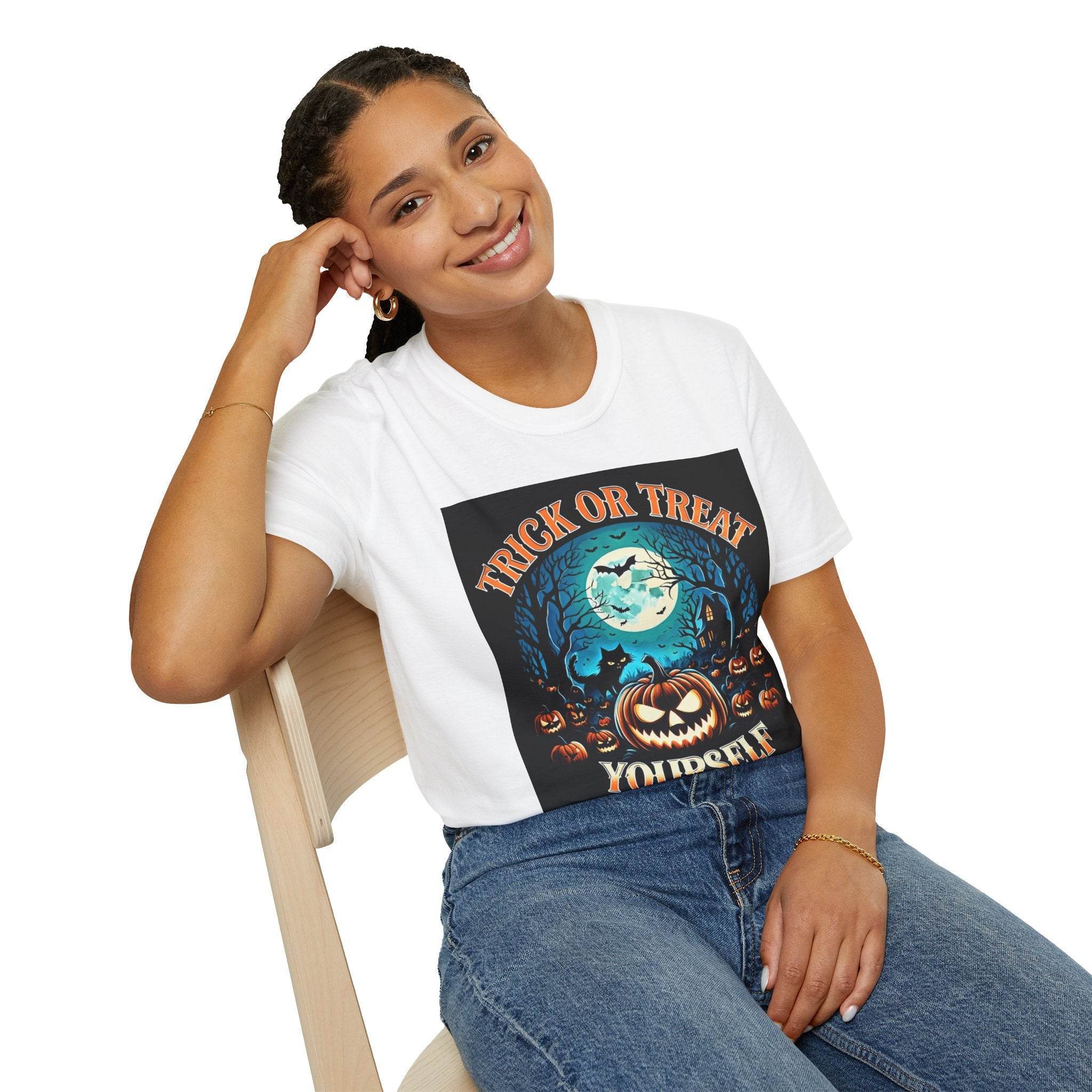 Printify eco-friendly Halloween t-shirt white crewneck with pumpkin moon graphic worn by smiling model