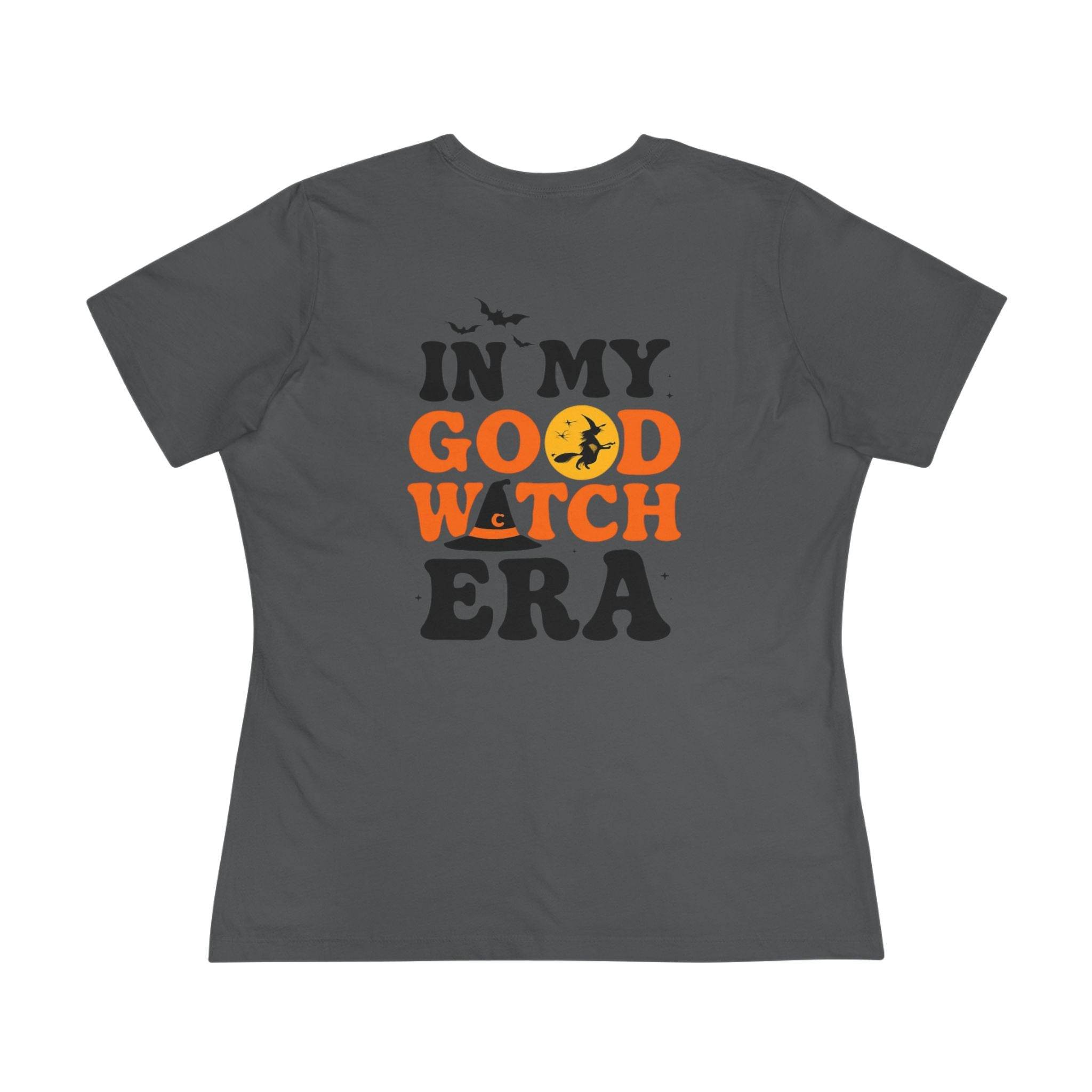 eco friendly halloween t shirt women Printify gray womens tee with IN MY GOOD WITCH ERA text and orange witch graphic