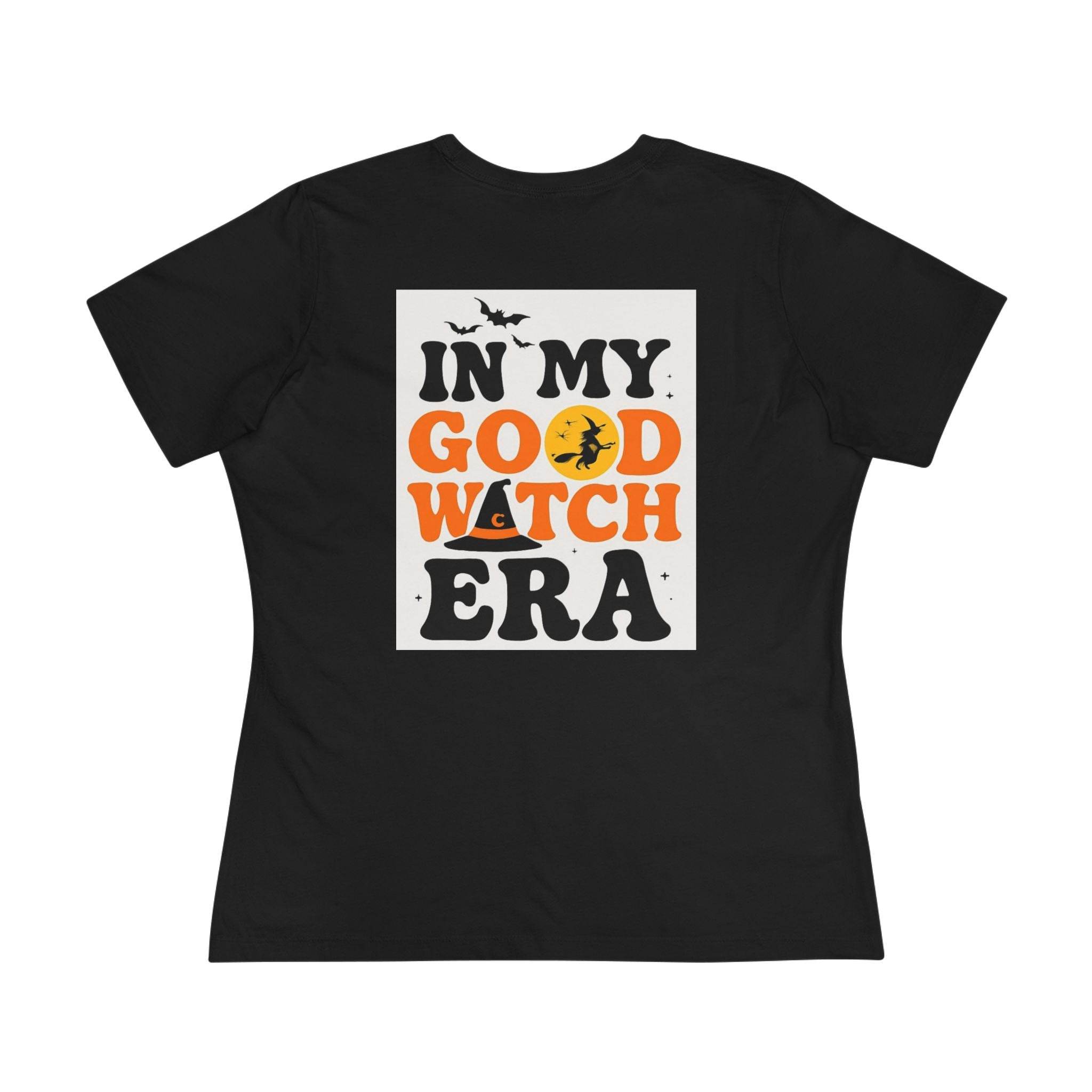 eco friendly halloween t shirt women black back view with white square graphic reading IN MY GOOD WITCH ERA with witch hat bats