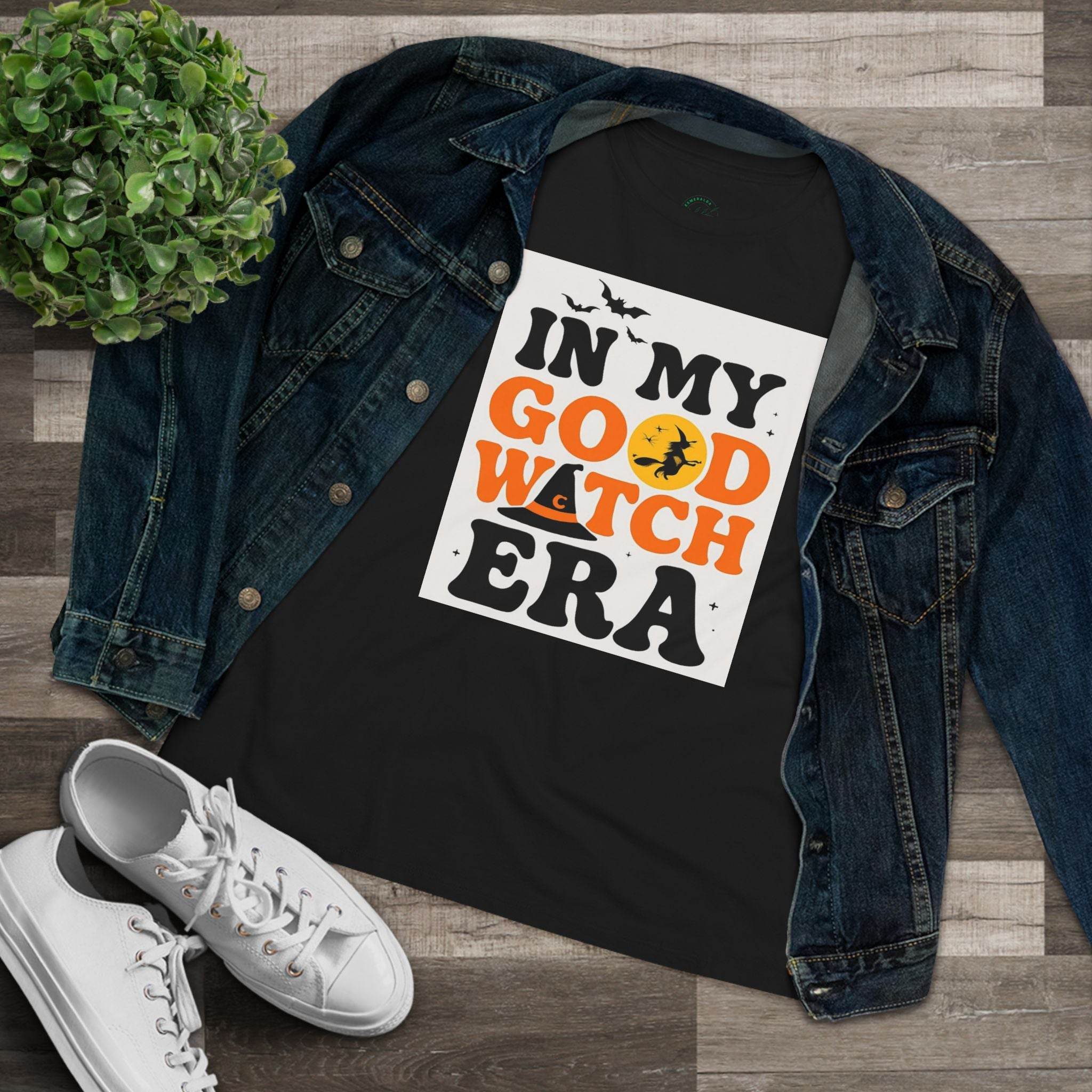 Printify eco friendly halloween t shirt women black In My Good Witch Era design with denim jacket and white sneakers