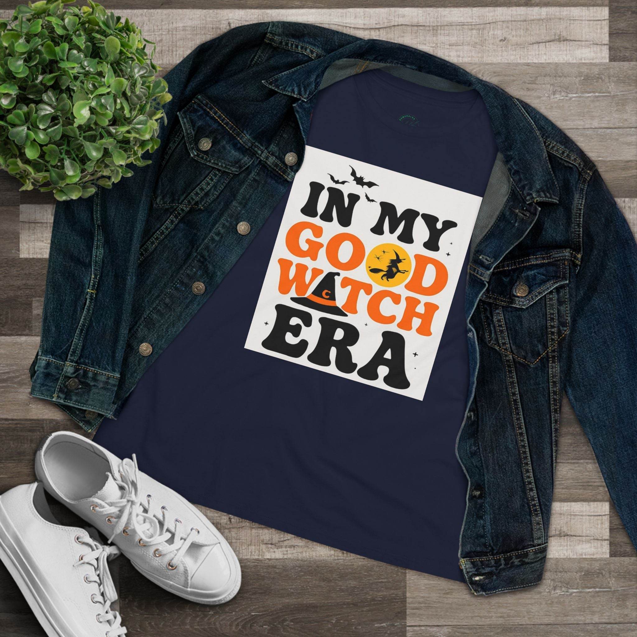 eco friendly halloween t shirt women navy tee with In My Good Witch Era graphic witch hat and bats