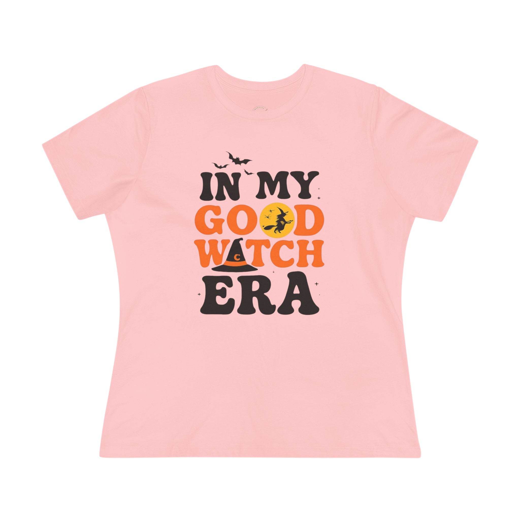 Printify pink womens T shirt In My Good Witch Era graphic with bats moon and witch silhouette eco friendly halloween t shirt women